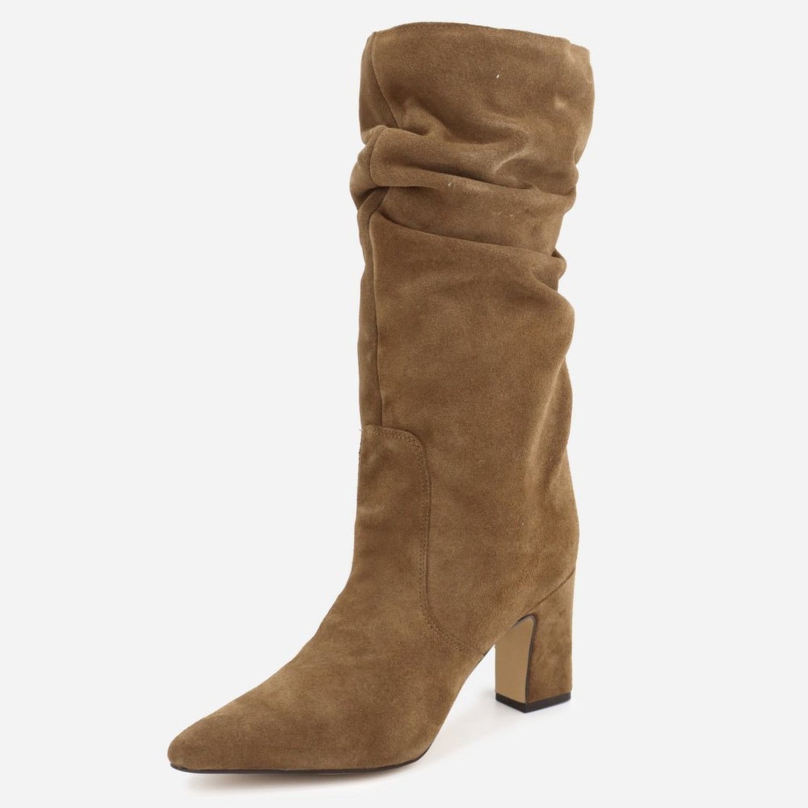 Bota Feminina Slouchy Enrugada em Couro Cano Médio Salto Grosso Bico Fino Maria Paula Pecan