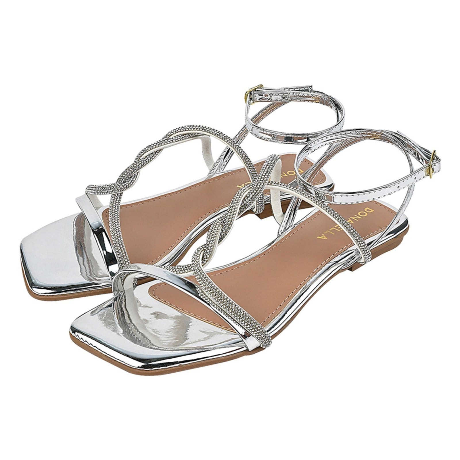 Sandália Rasteira Feminina CM Calçados Tiras Strass Brilho Bico Quadrado Confortável Metalizado Trança