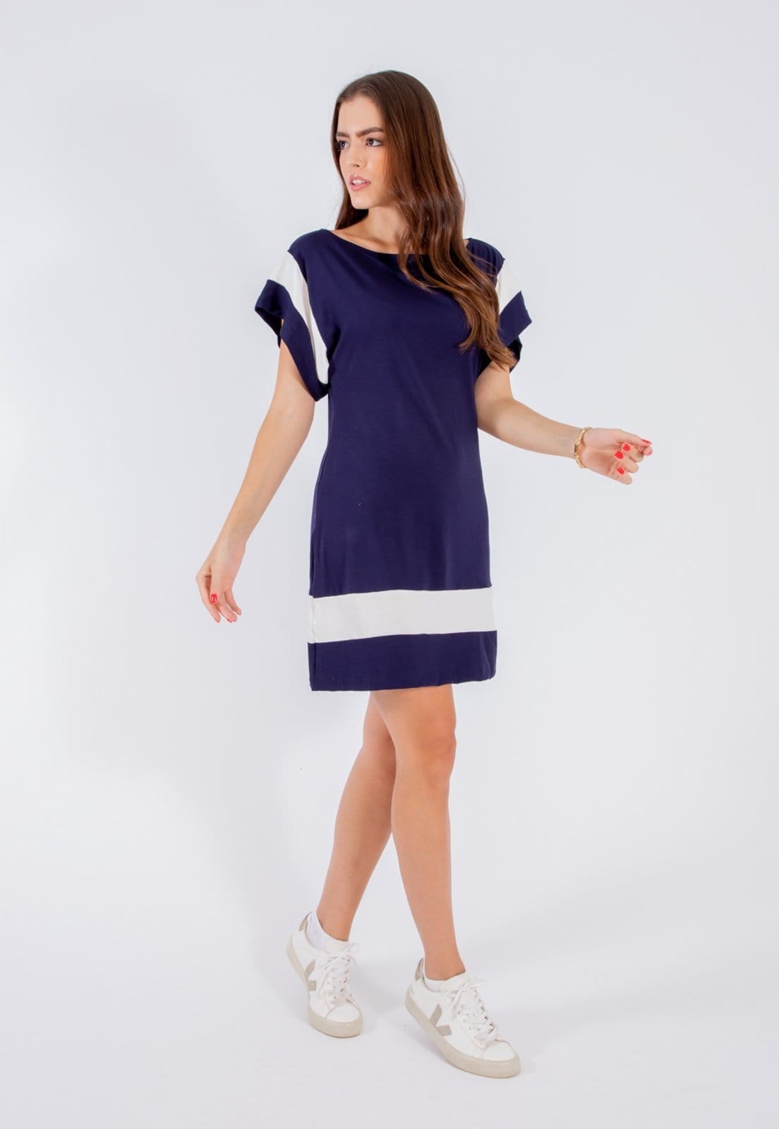 Vista principal Vestido Viscolycra Maria Paes Curto Marinho e Off White Maria Paes azul marinho white