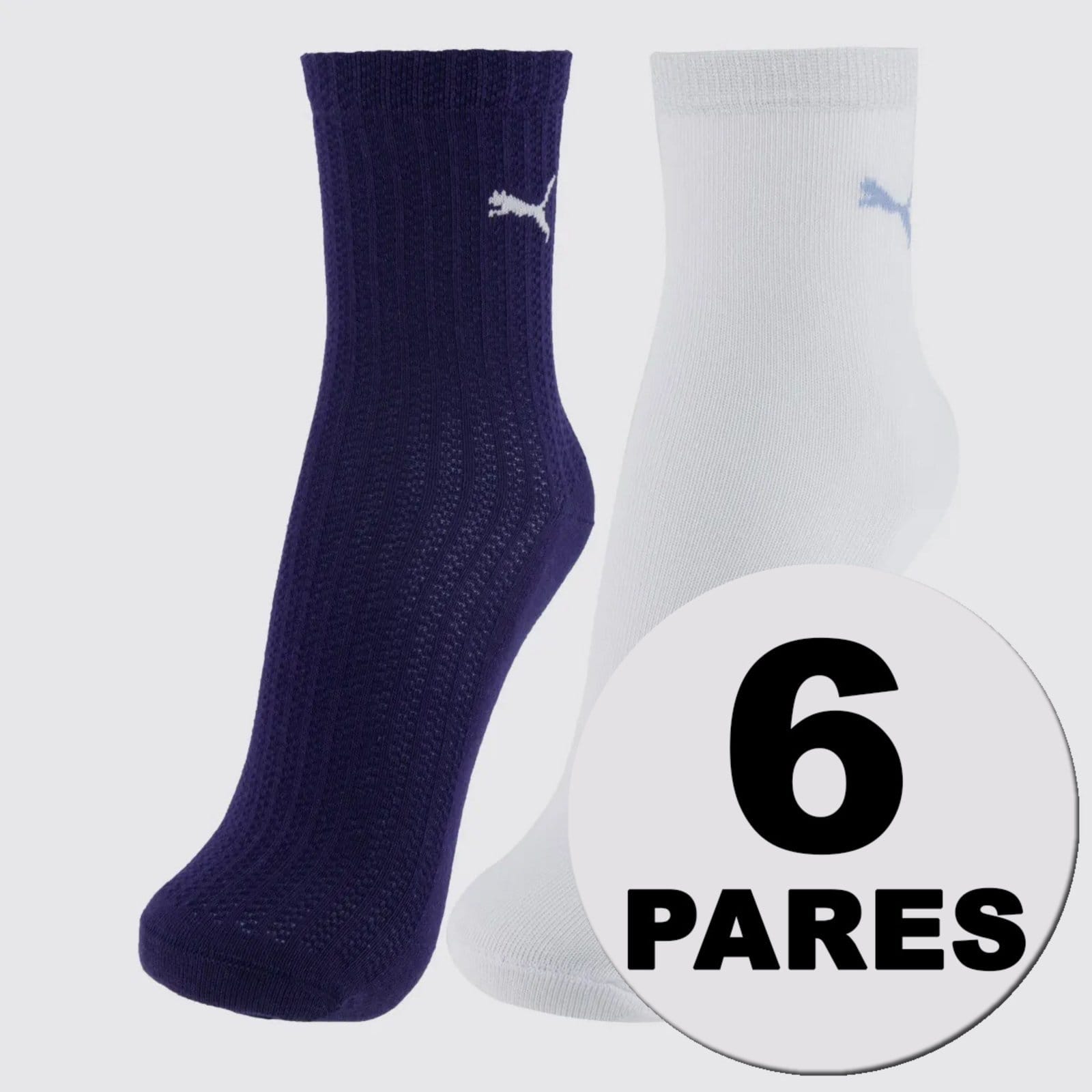 Kit Meia Puma Cano Médio 6 Pares Feminina Branca e Marinho
