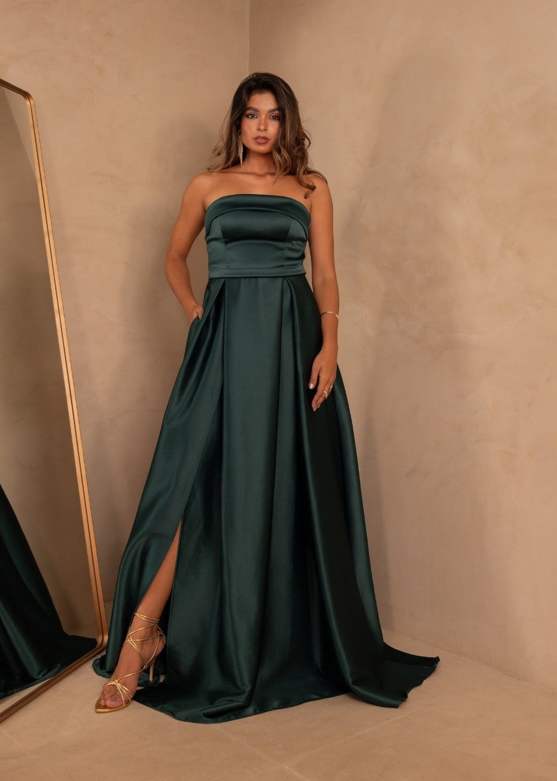 Vestido Longo de Festa Madrinhas Tomara que Caia Acetinado com Fenda Hadassa Cia Do Vestido Petróleo
