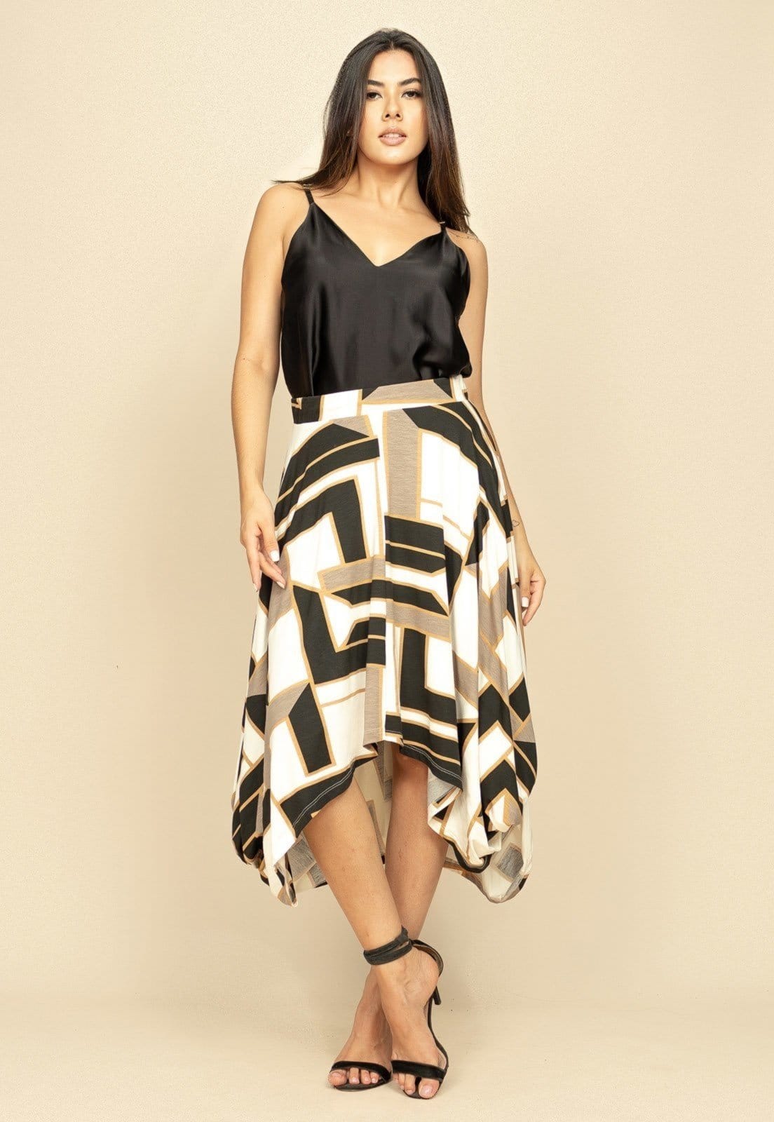 Vista principal Saia Longa Malha Nó Hippie Chic Estampa Igaci Cabanafree branco/estampado