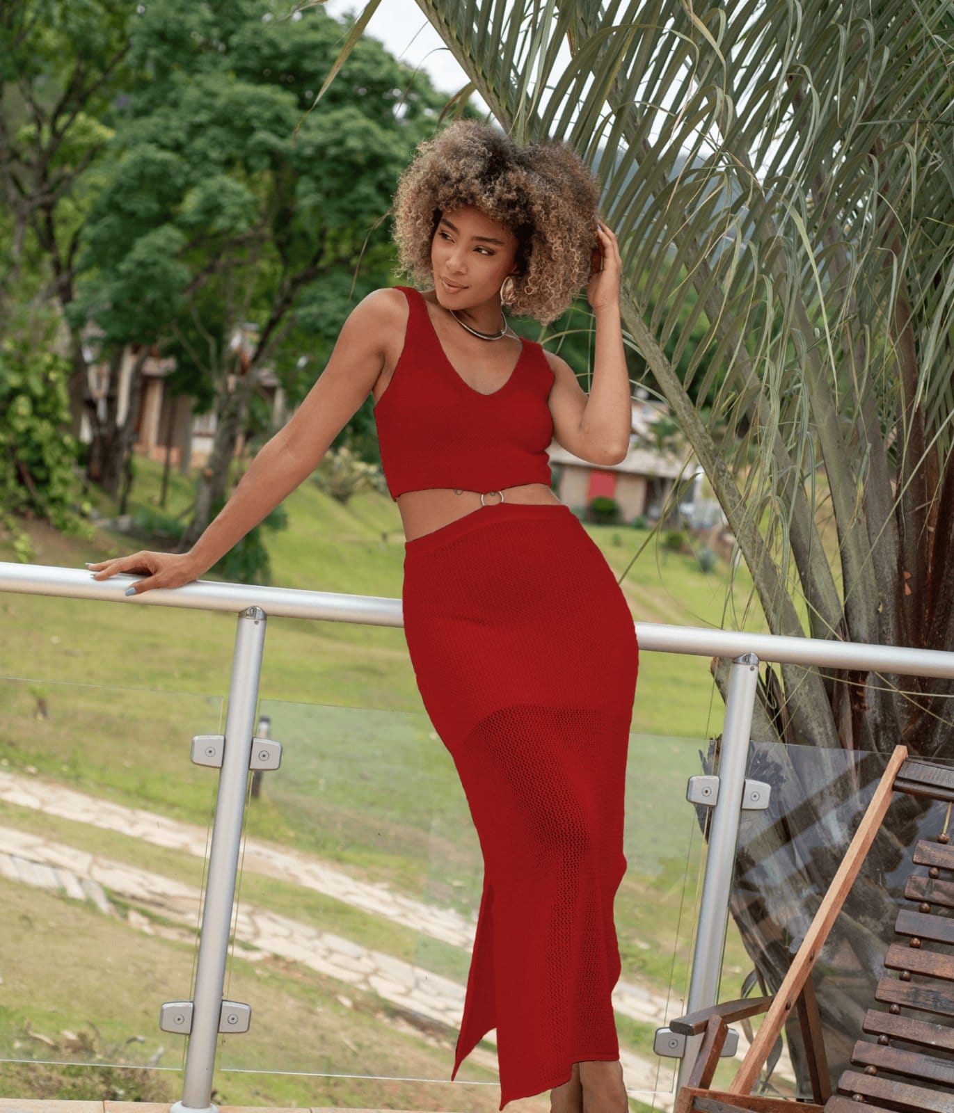 Vista principal Vestido Cherry Line Tricot Longo Alça Abertura Cintura Fenda Textura Cherry Line vermelho