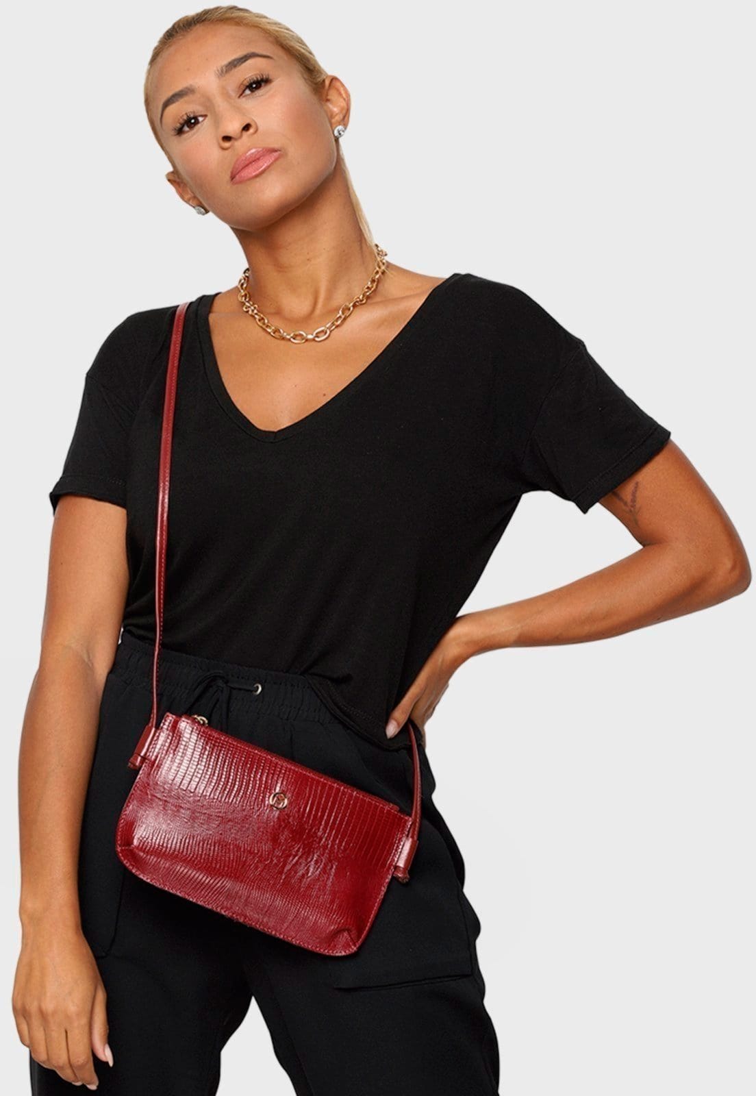 Vista principal Bolsa Transversal Couro Mariart Lezard 201L Vermelha Mariart vermelho