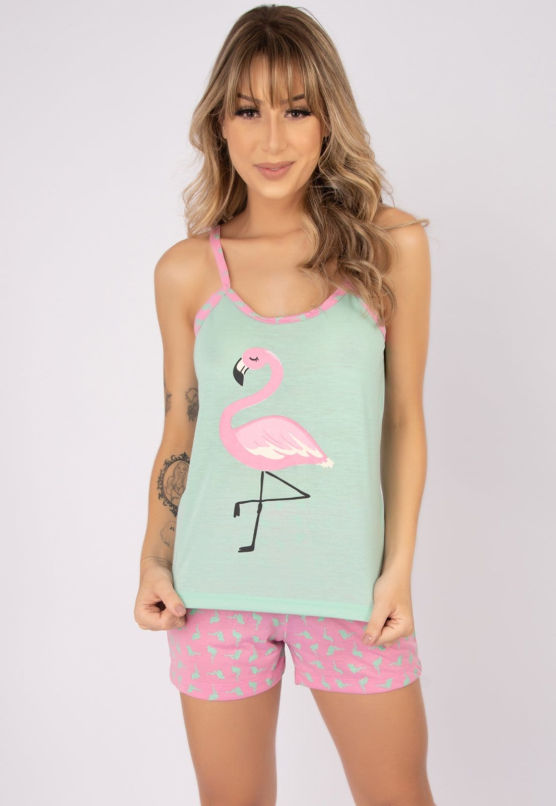 Baby Doll WLS Modas Pijama Curto Verão Flamingo Claro