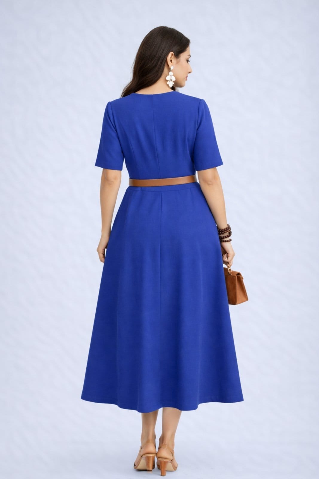 Vista 2 Vestido Midi D Bell Outlet Fashion Gola V Com Cinto Escuro D BELL OUTLET FASHION azul