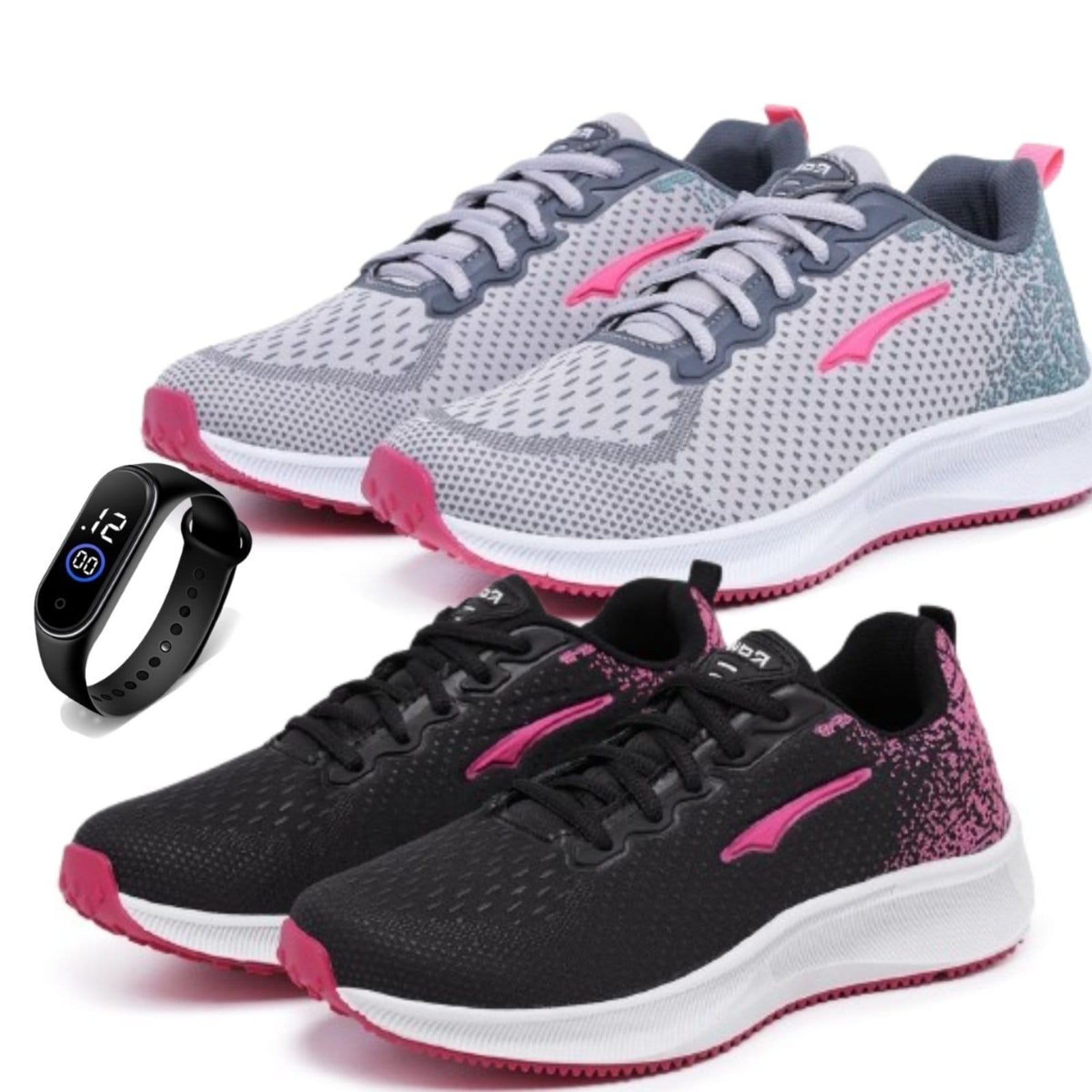 Vista principal Kit 2 Tênis Femininos Ortopédicos Esportivos para Academia Treino Corrida + Relógio Led Bia Ramos cinza/preto