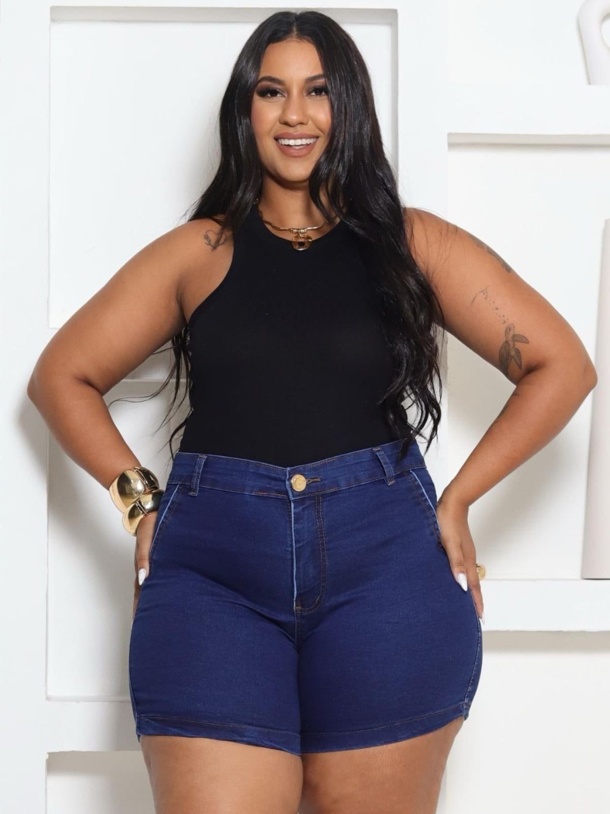 Short Donna De Paula Jeans Escuro Feminino Plus Size Cintura Alta Empina Bumbum