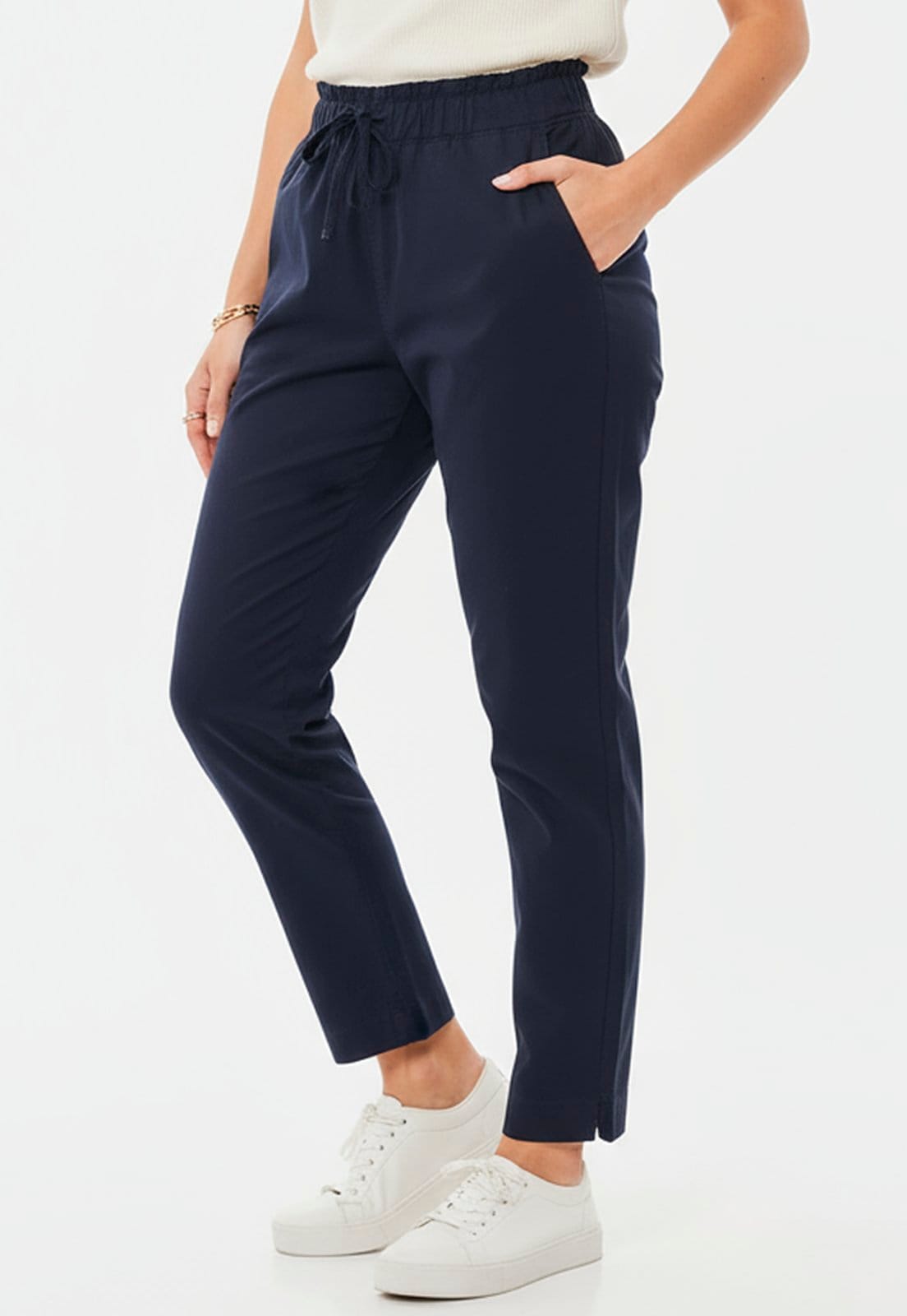 Calça Sarja Feminina Cintura Alta com Elastano e Amarração Conforto e Estilo Casual Marinho