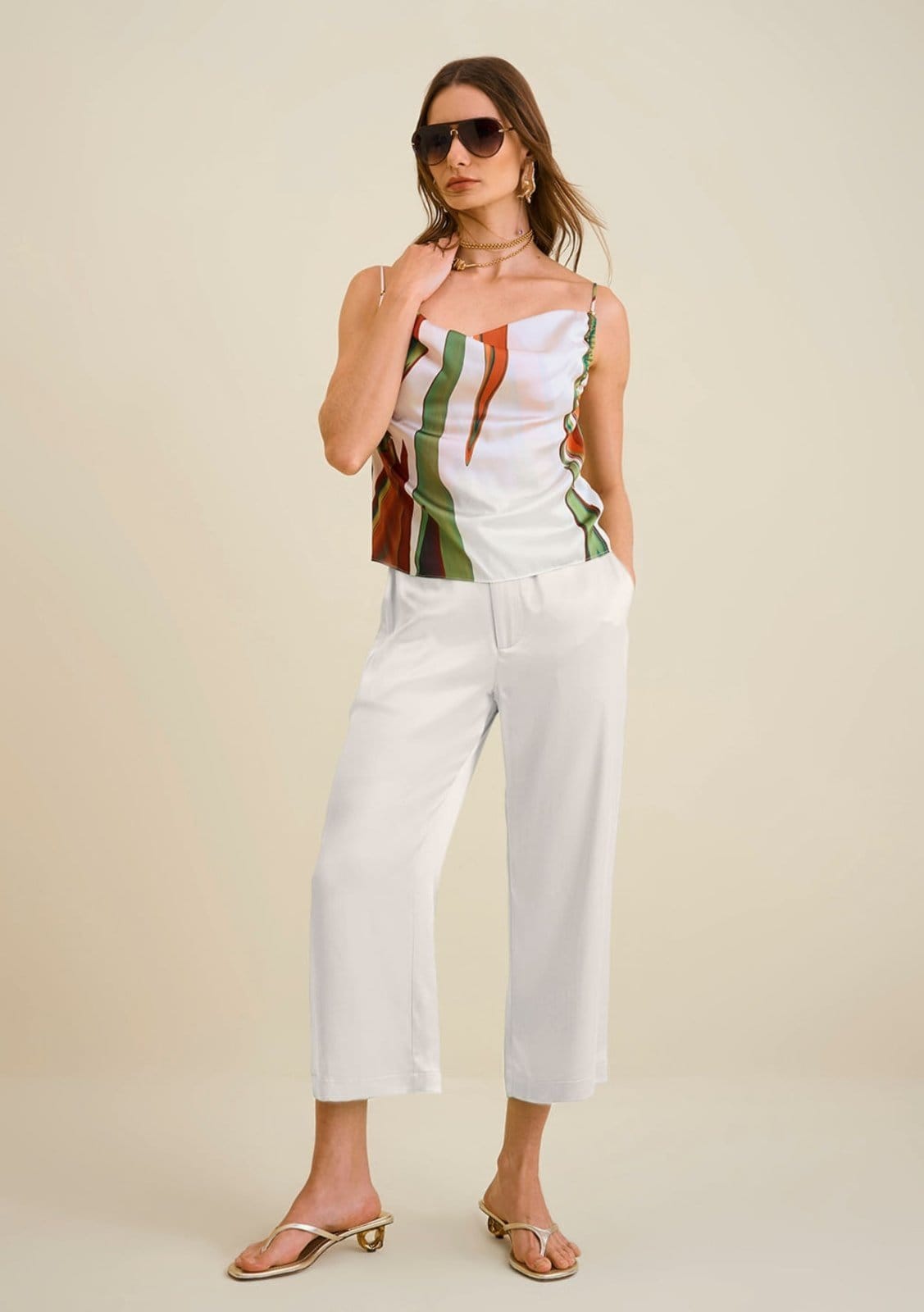 Vista principal Calça Morena Rosa Wide Cós Alto Com Bolso Off Off-white Morena Rosa off-white rosa