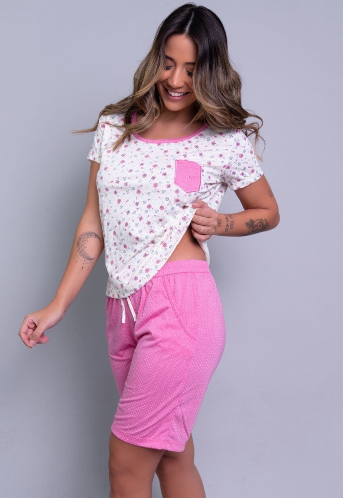 Vista 2 Pijama Feminino Serra e Mar Modas Estampado com Bolso Hadassa SERRA E MAR MODAS rosa