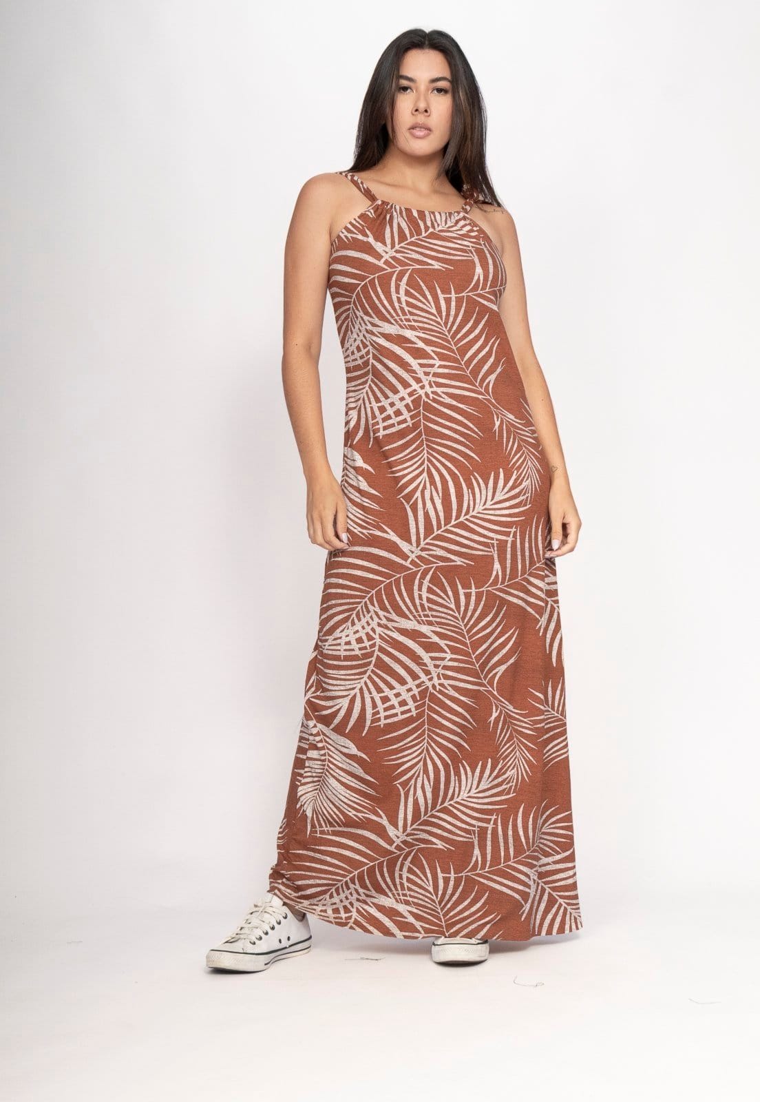 Vista principal Vestido CabanaFree Capotira Longo Malha Alça Ajustável Palmas da Terra Cabanafree estampado