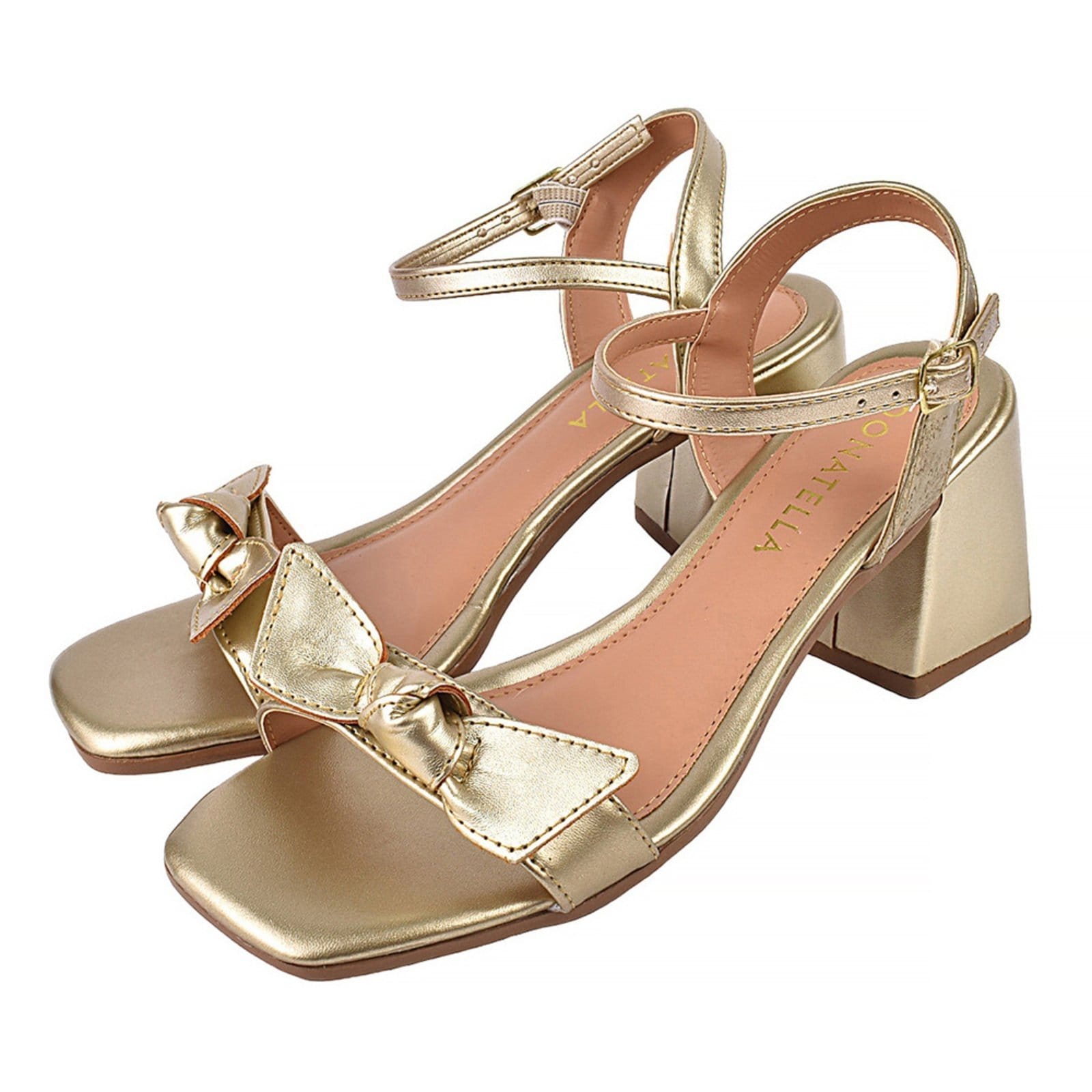 Sandália Feminina Tamanco Donatella Shoes Bico Quadrado Salto Alto Casual Metalizada Laço Ouro Light