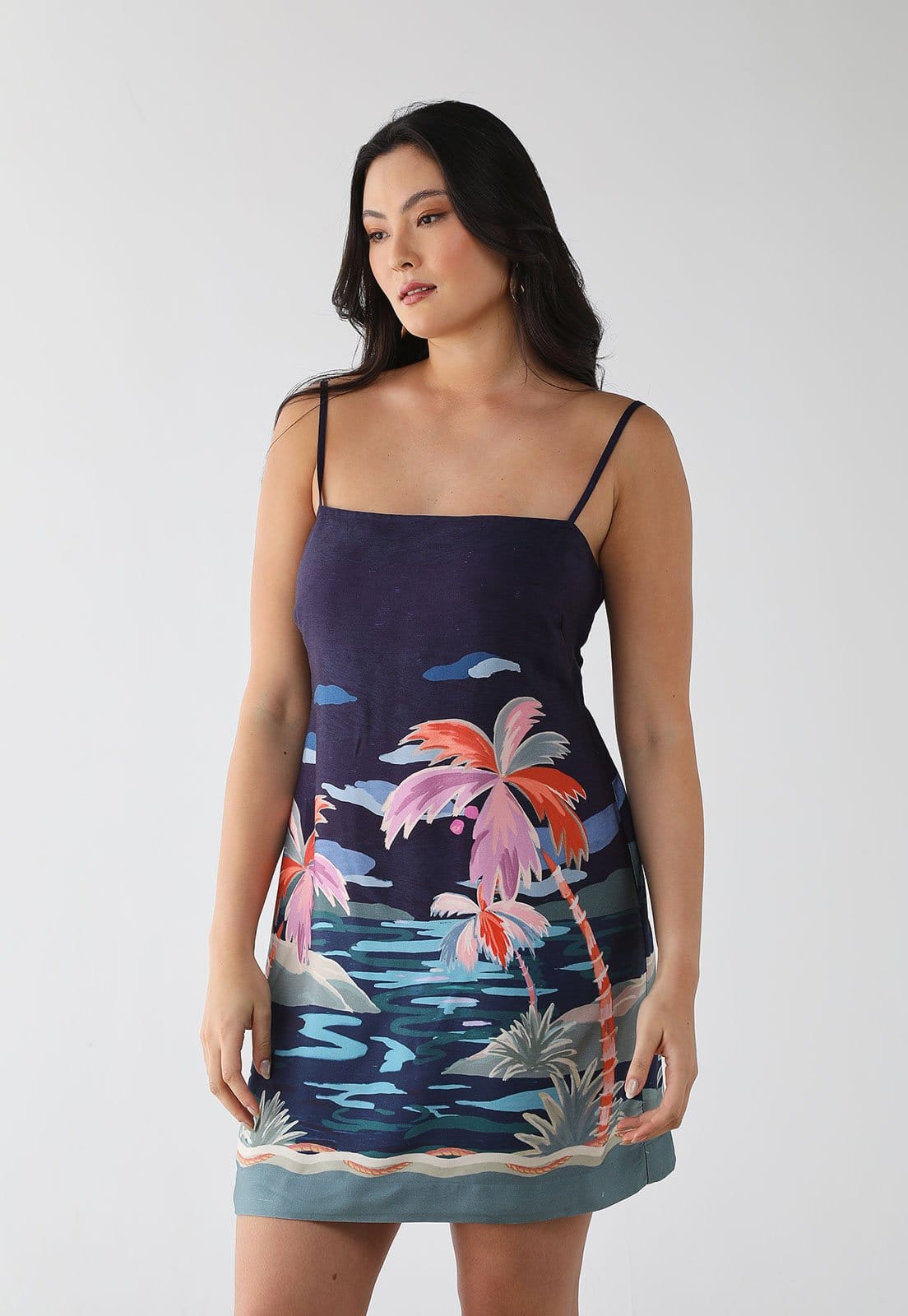 Vista principal Vestido Feminino FARM Estampa Tropical Paisagem FARM azul marinho