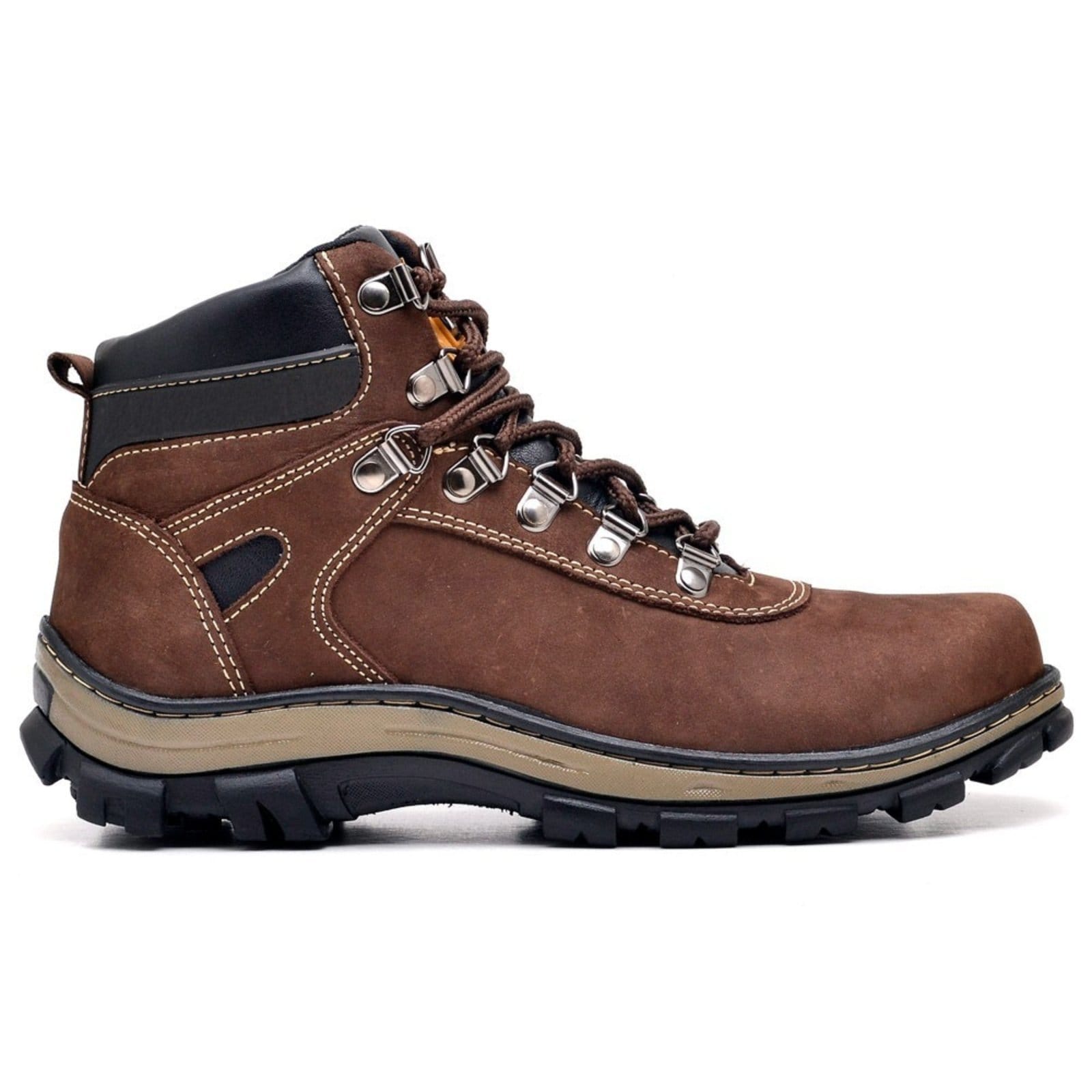 Vista principal Coturno Adventure Bota Couro Masculina Cano Médio Atacador Solado Tratorado Borracha Antiderrapante Resistente Conforto FRANCA GRIFFE café