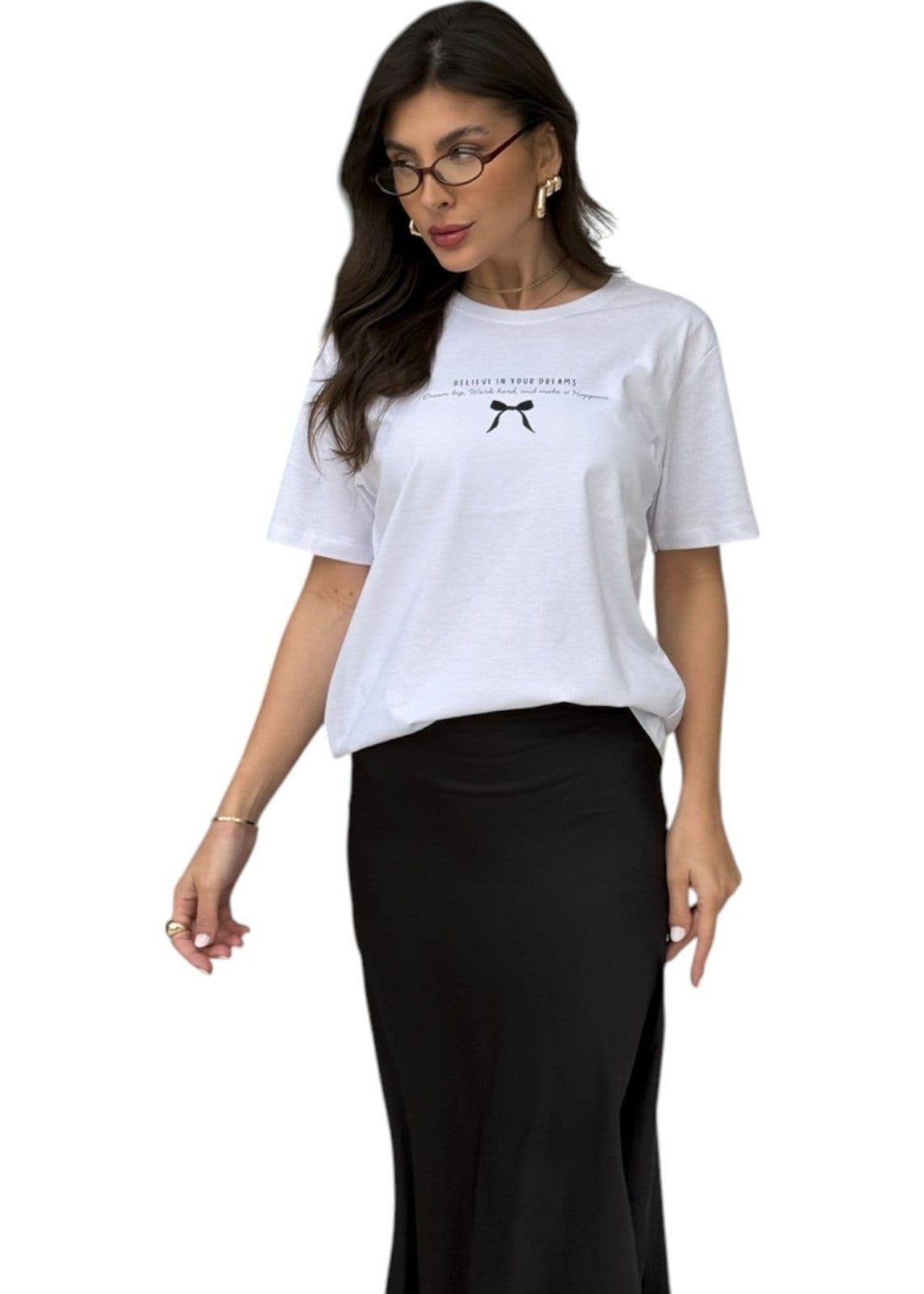 Vista 2 Camiseta Feminina Cianitas Branca Estampa Laço Believe Cianitas branco