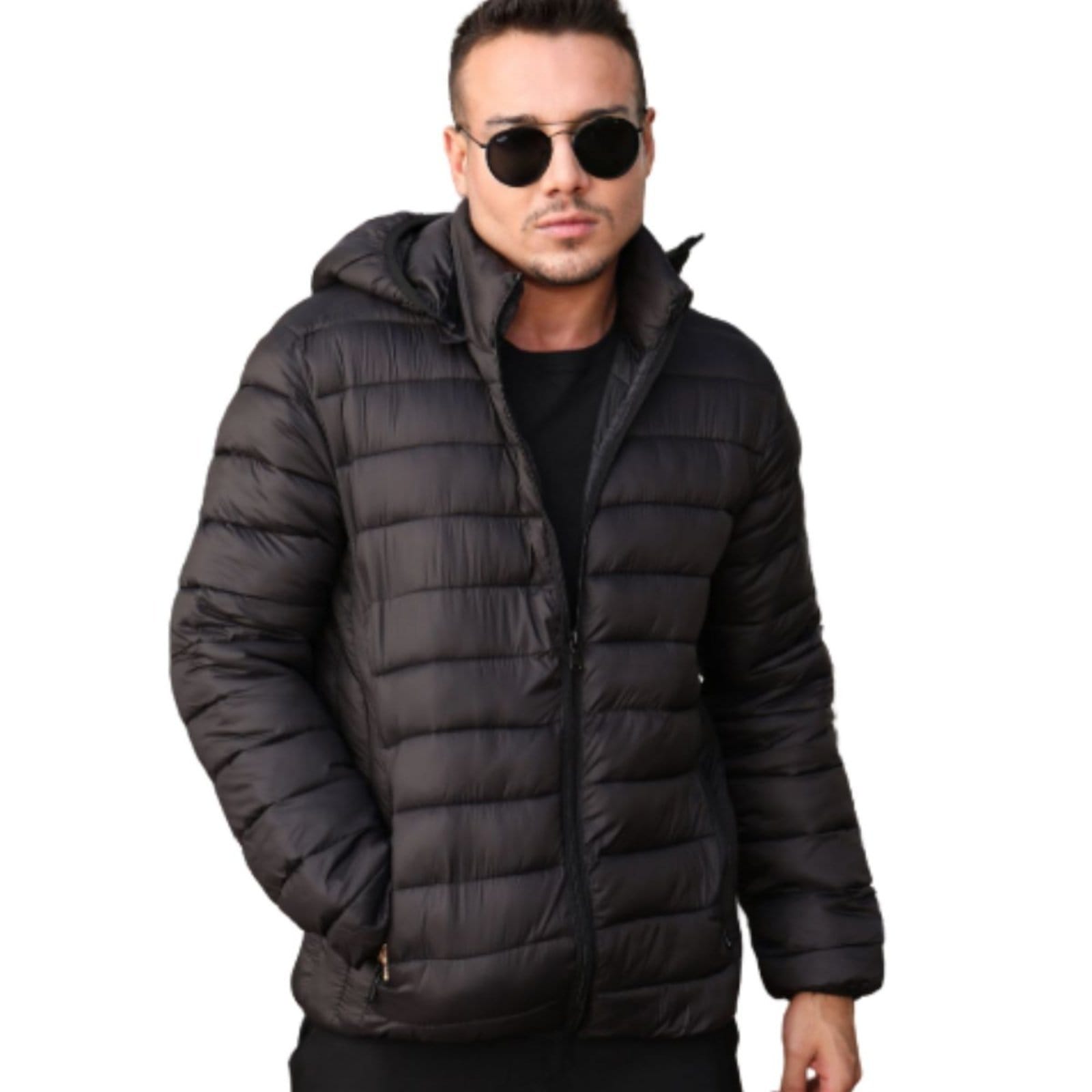 Jaqueta FMF Masculina Puffer Com Capuz Plus Size Blusa Frio Impermeável Preta