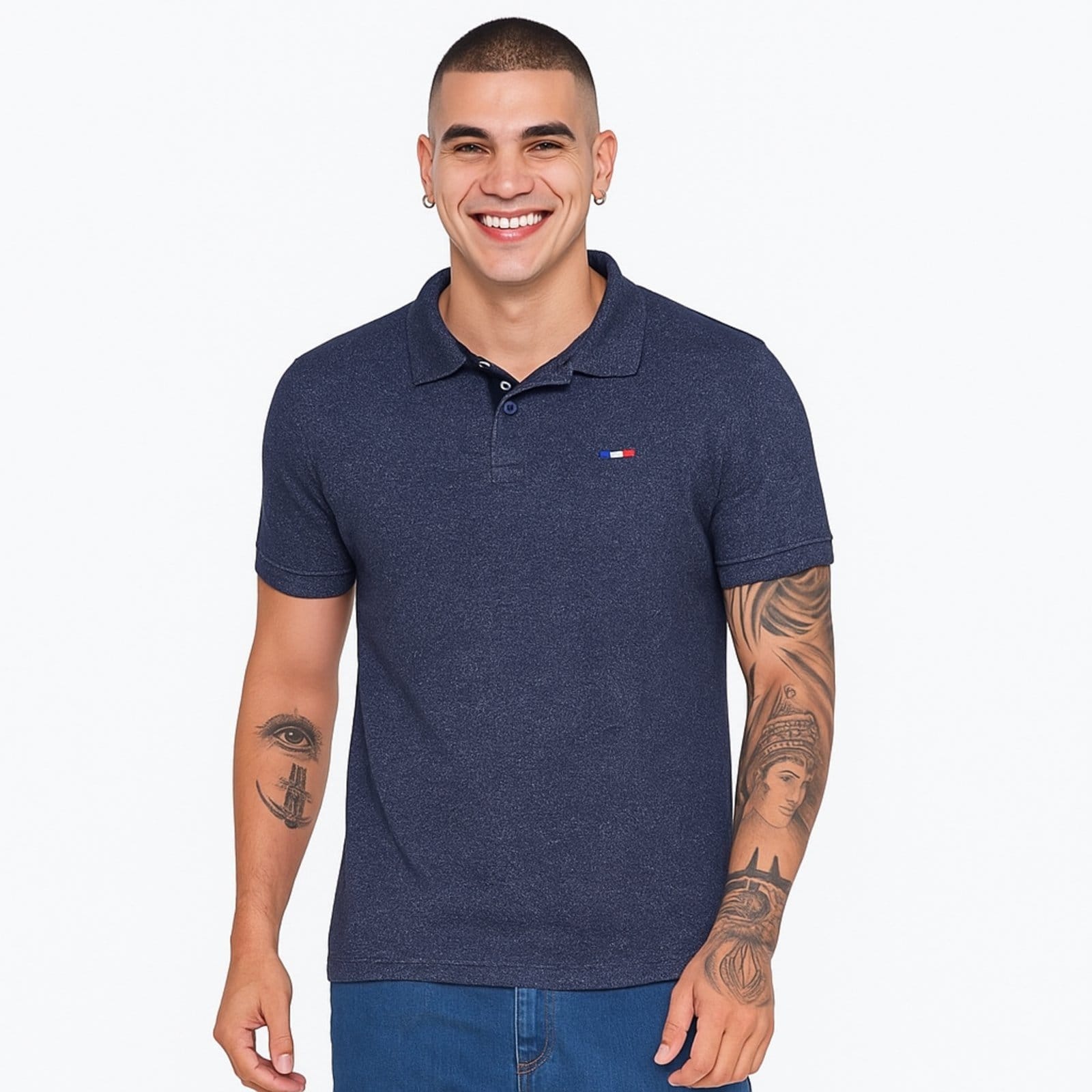 Vista principal Camisa Polo Masculina Básica Industrie Piquet no Estilo Tommy Bordado França Marinho Mescla Industrie azul marinho