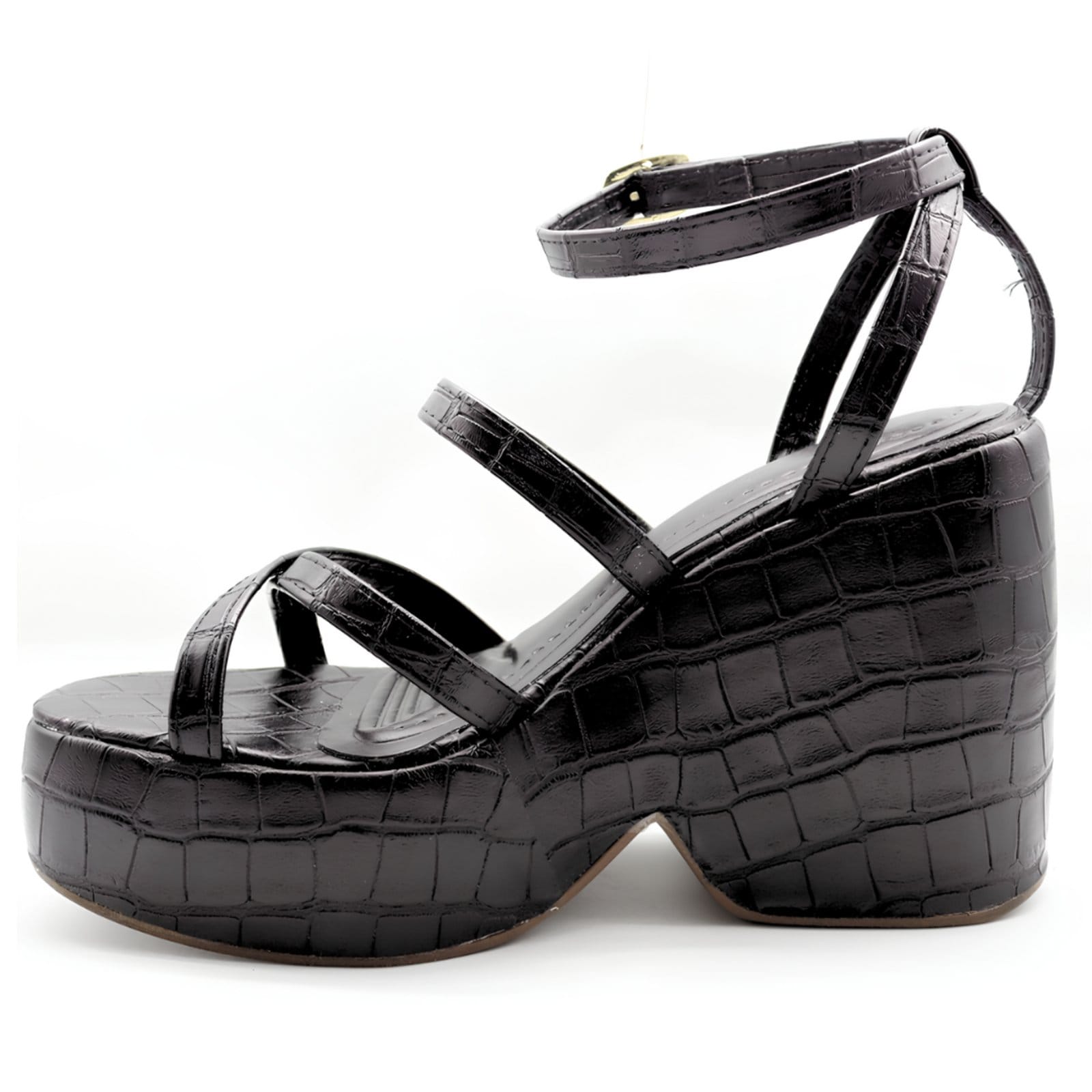 Vista 2 Sandália Anabela Meia Pata Feminina 194002 Croco Preta Elegante Sete Sales preto