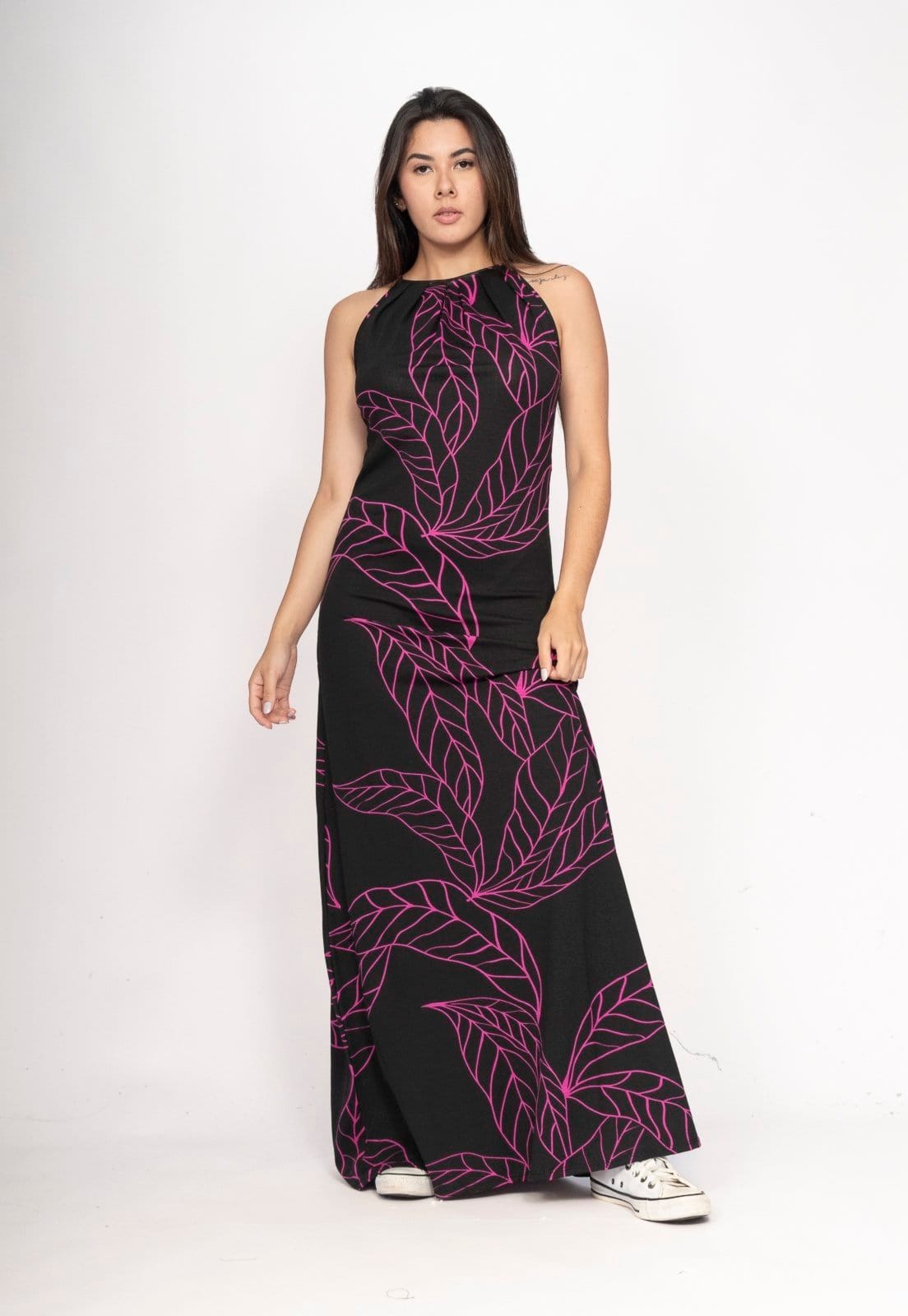 Vista principal Vestido CabanaFree Longo Eirapuã Malha Trapézio Estampa Antúrios Lilás Cabanafree estampado