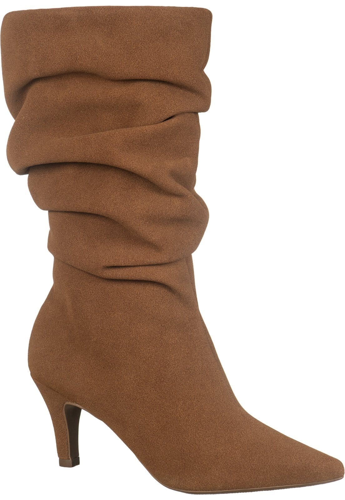 Vista principal Bota Feminina GiGiL Cano Enrugado Slouchy Médio Salto Fino Alto Bico Fino Elegante Gigil caramelo