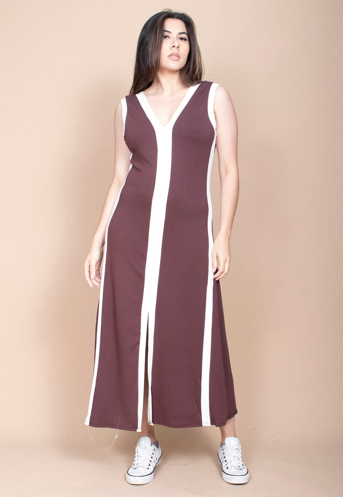 Vista principal Vestido Cabanafree Midi Fenda Frontal Color Block Marrom Cabanafree off-white