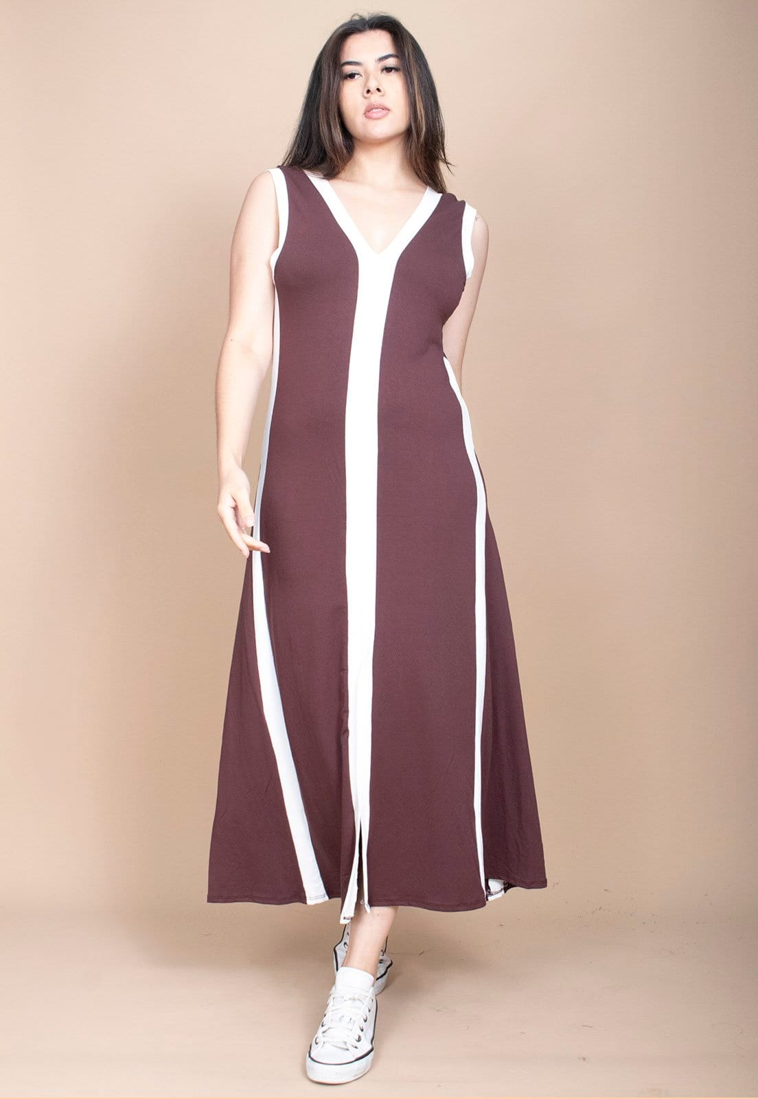 Vista 2 Vestido Cabanafree Midi Fenda Frontal Color Block Marrom Cabanafree off-white