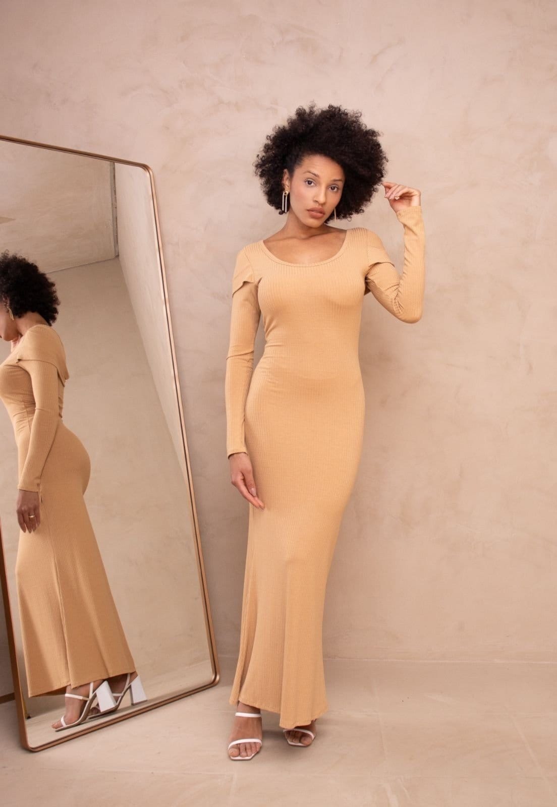 Vestido Canelado Midi Longuete Manga Longa Tubinho Elegante