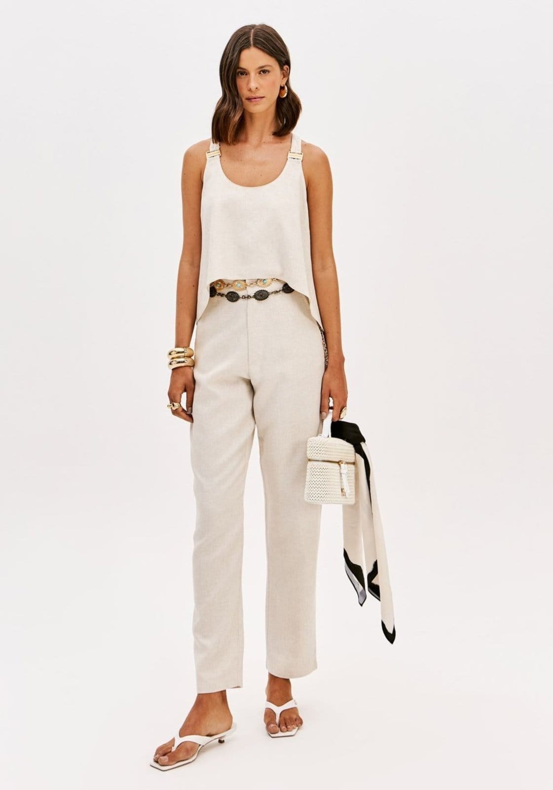 Vista principal Calça Baggy Cintura Alta Com Linho Lança Perfume branco