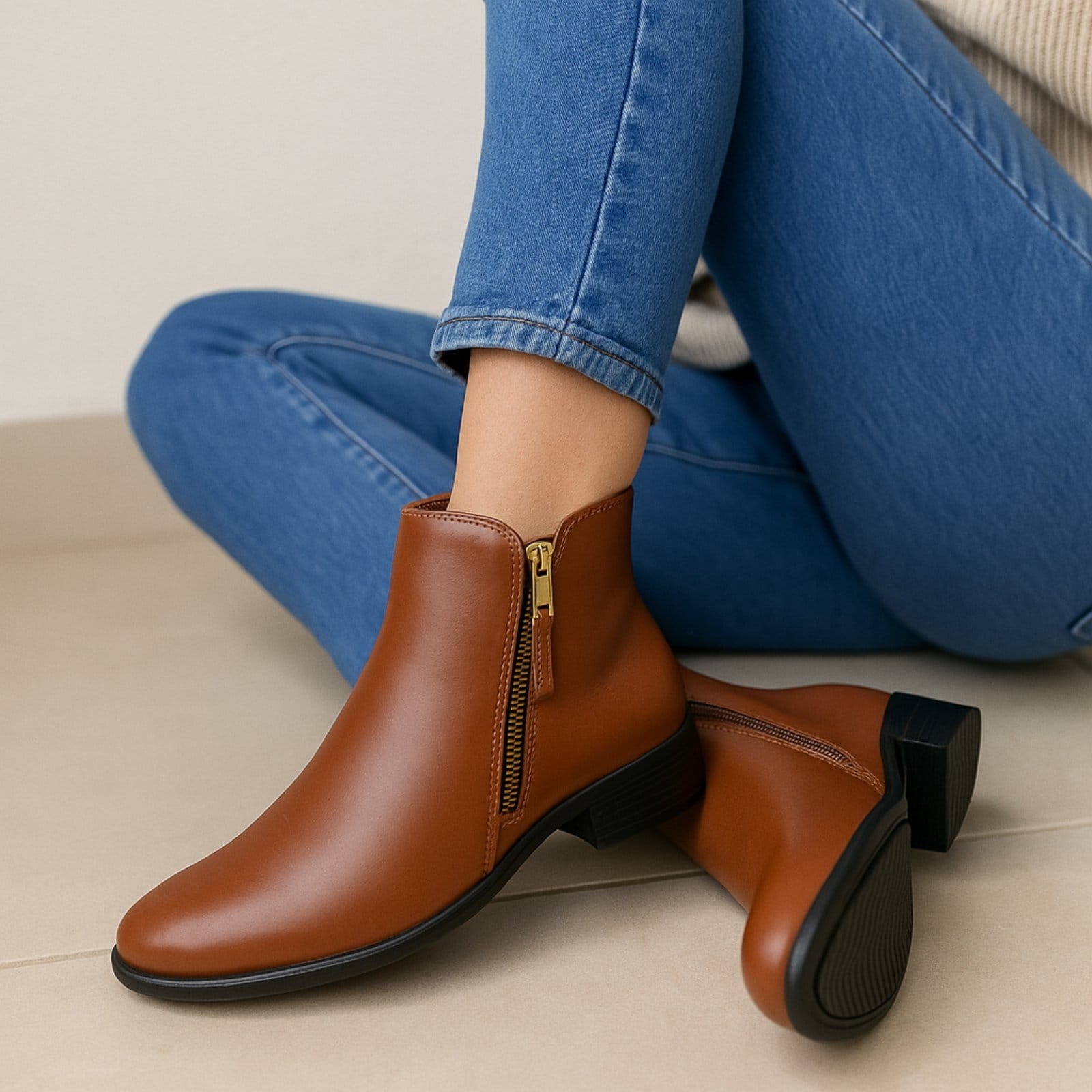 Bota Feminina Cano Curto Yes Basic Salto Baixo Ziper Lateral em Couro