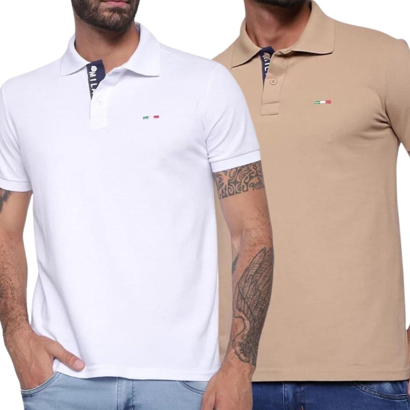 Vista principal Kit 2 Polos FMF Masculina Básicas Piquet no Estilo Tommy Bordado Itália Bege Branca FMF branco