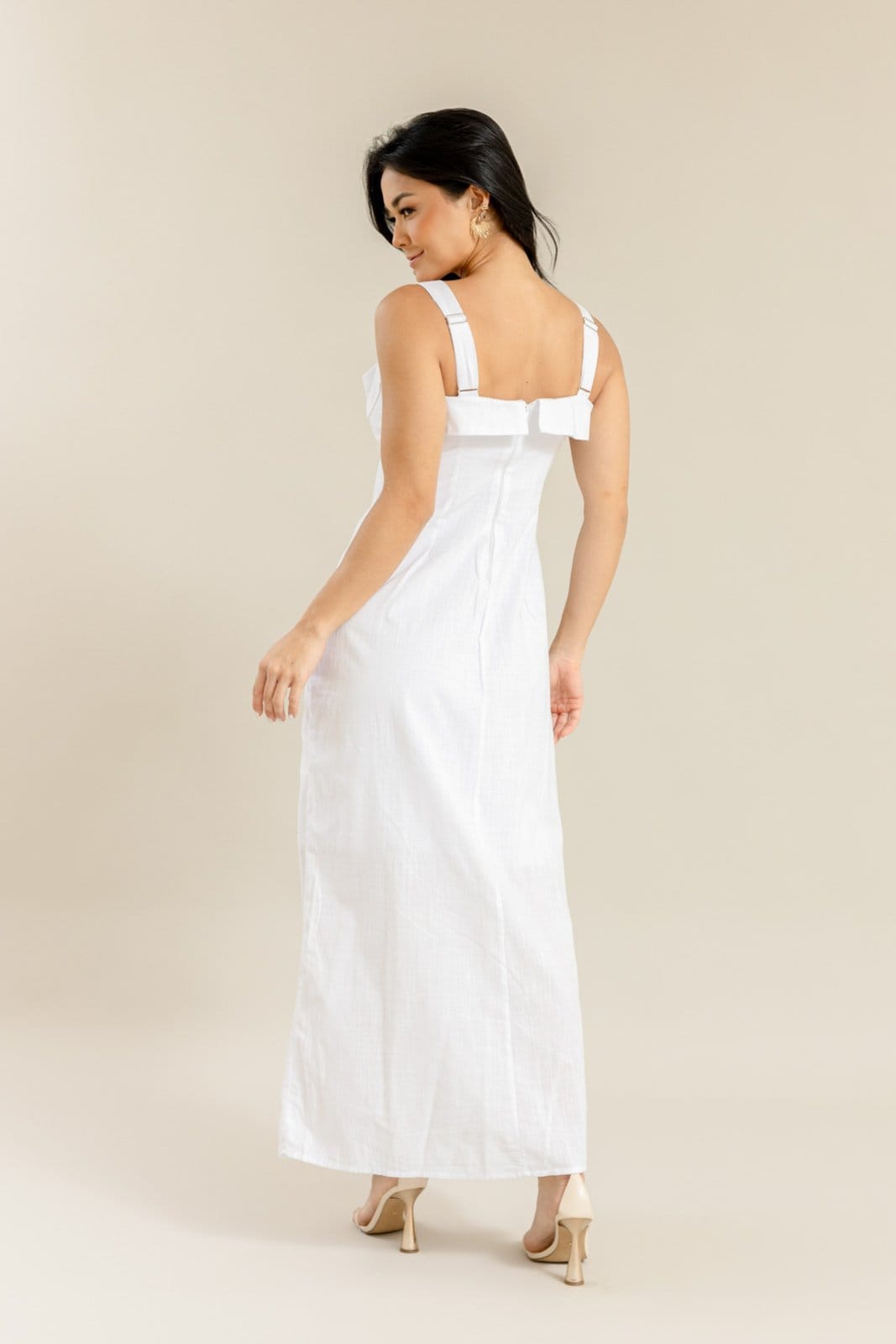 Vista 2 Vestido Longo Feminino com Alças e Babado no Busto na Cor DIALOGO branco