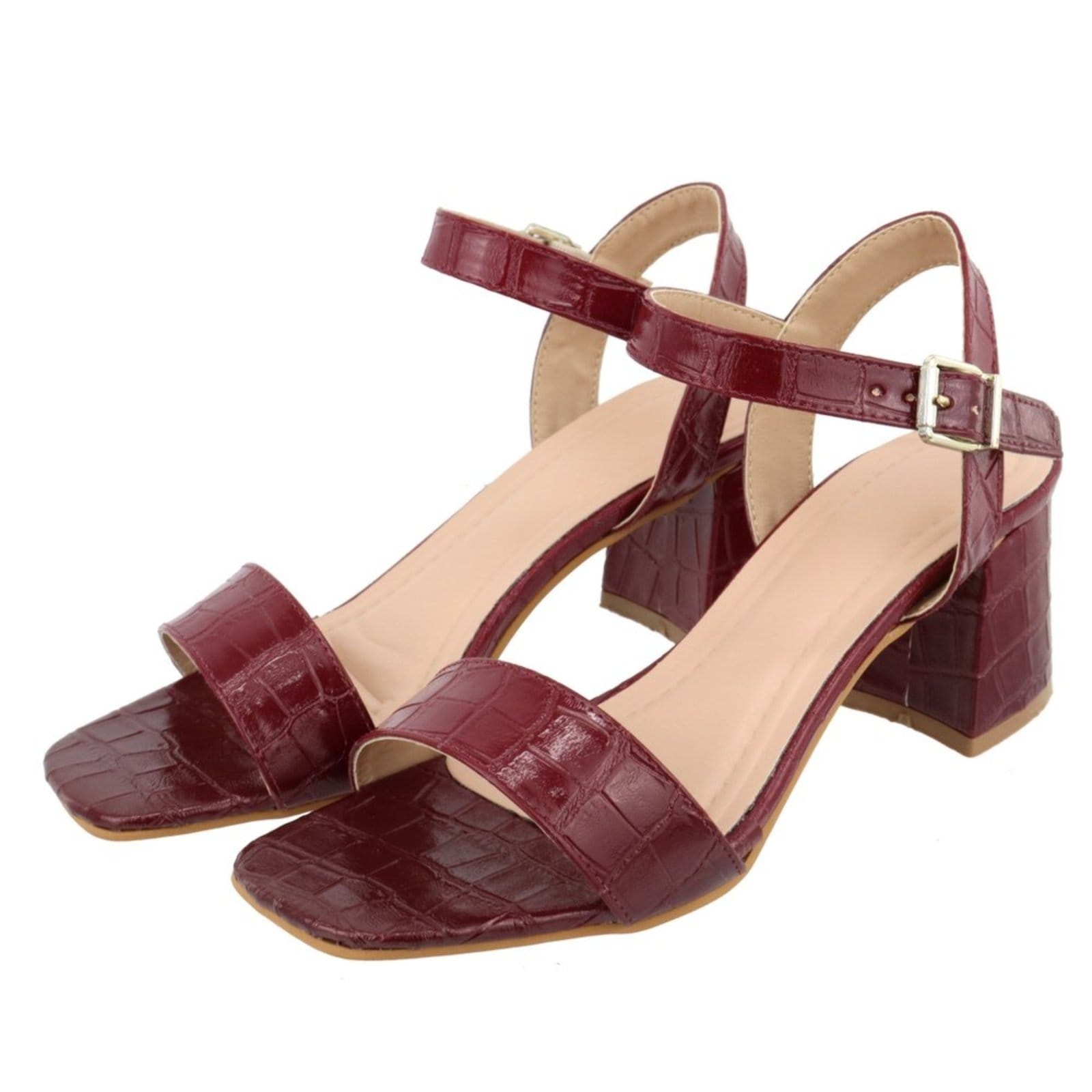 Sandalia Feminina Aberta Tira Em Croco Marsala Salto Bloco 80020
