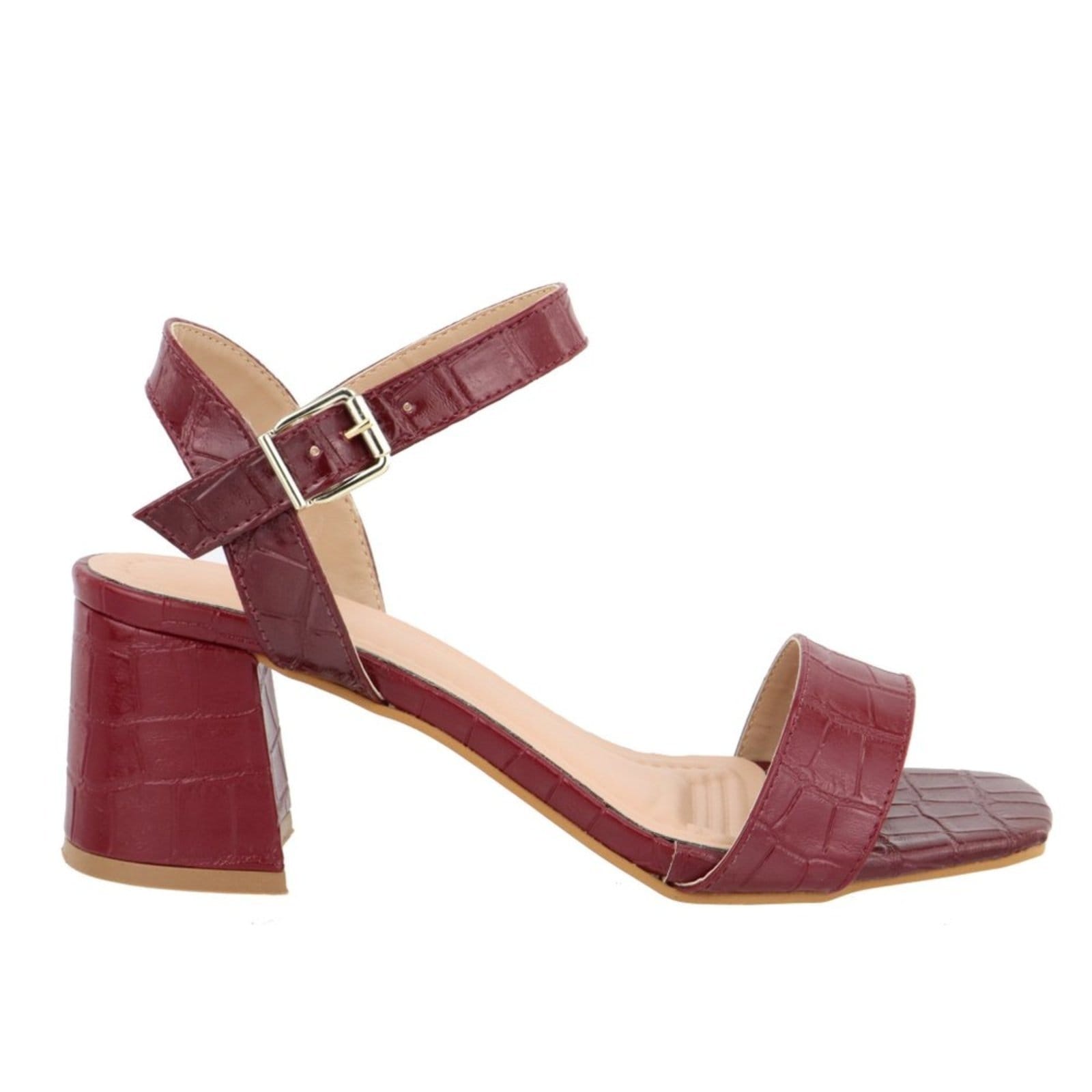 Vista 2 Sandalia Feminina Aberta Tira Em Croco Marsala Salto Bloco 80020 Flor da Pele roxo