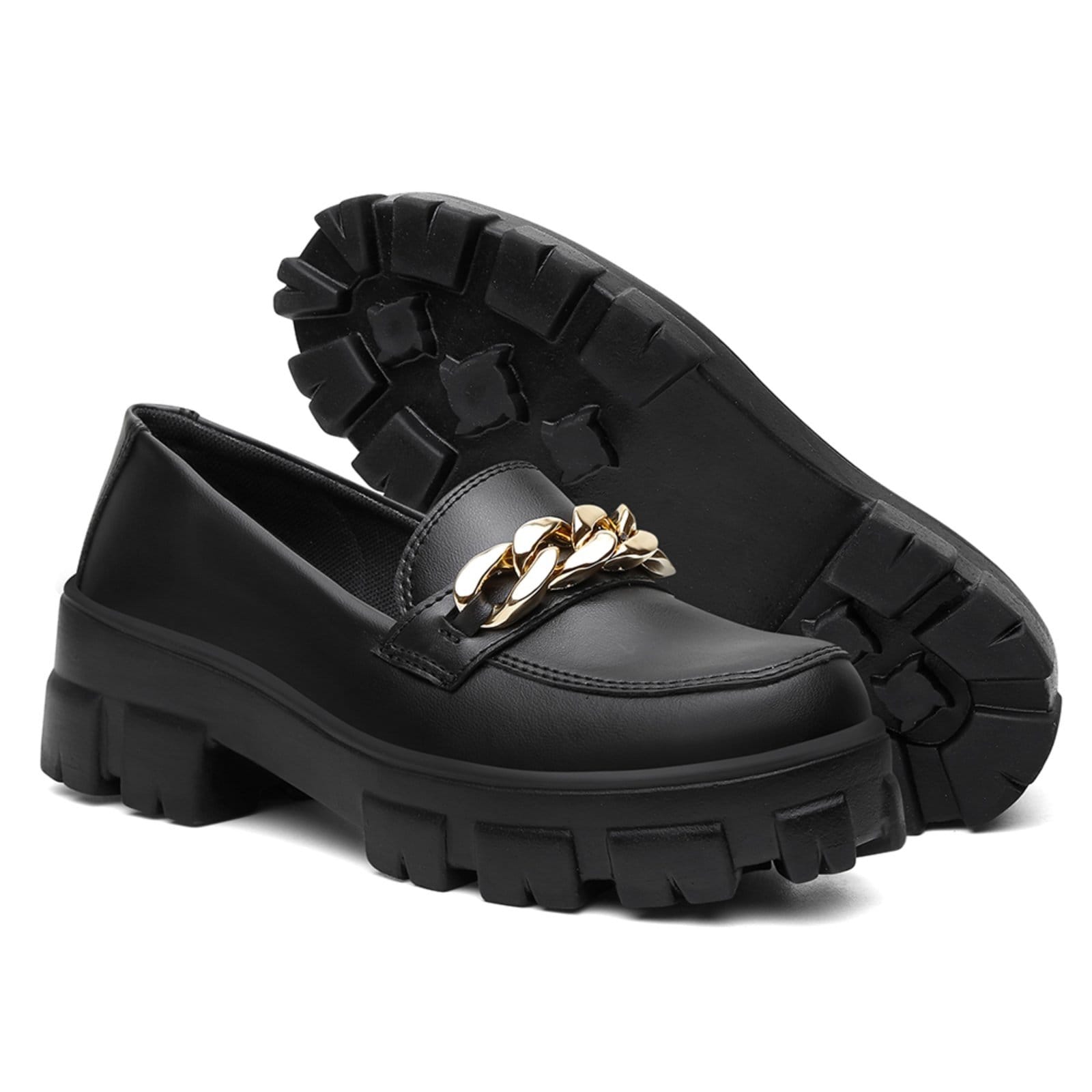 Vista 2 Mocassim Plataforma Nine4 Solado Tratorado Corrente Dourada Nine4 preto