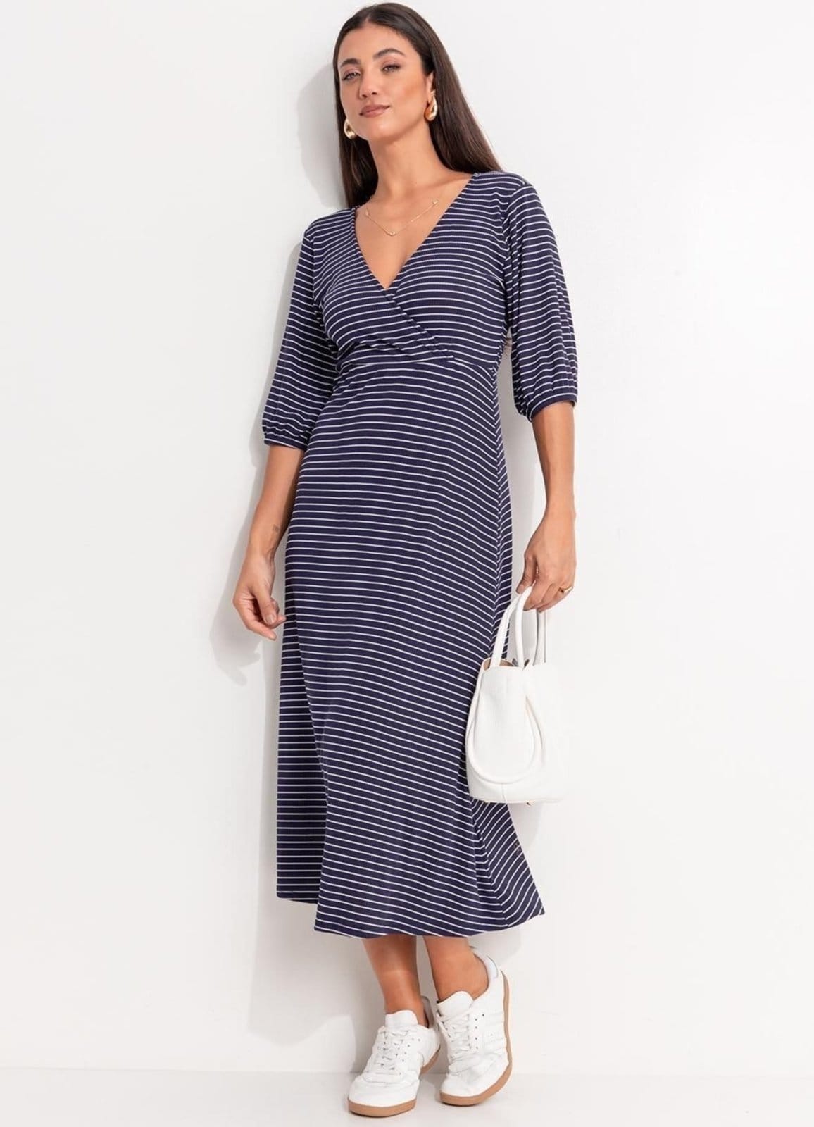 Vista principal Vestido Em Canelado Quintess Listrado Marinho E Branco Quintess azul