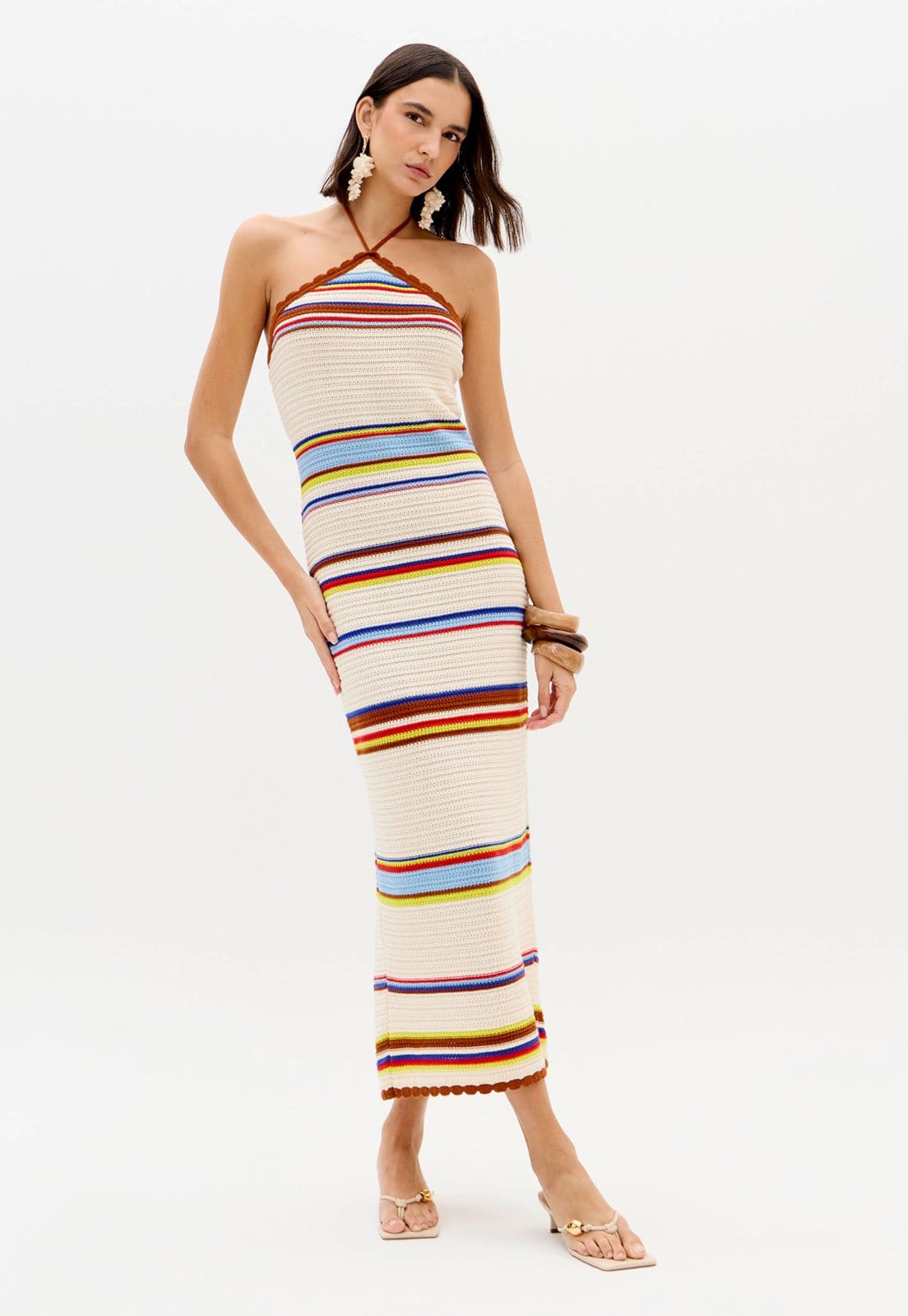 Vista principal Vestido Feminino Lança Perfume Tricot Frente Única Listrado Midi Lança Perfume bege