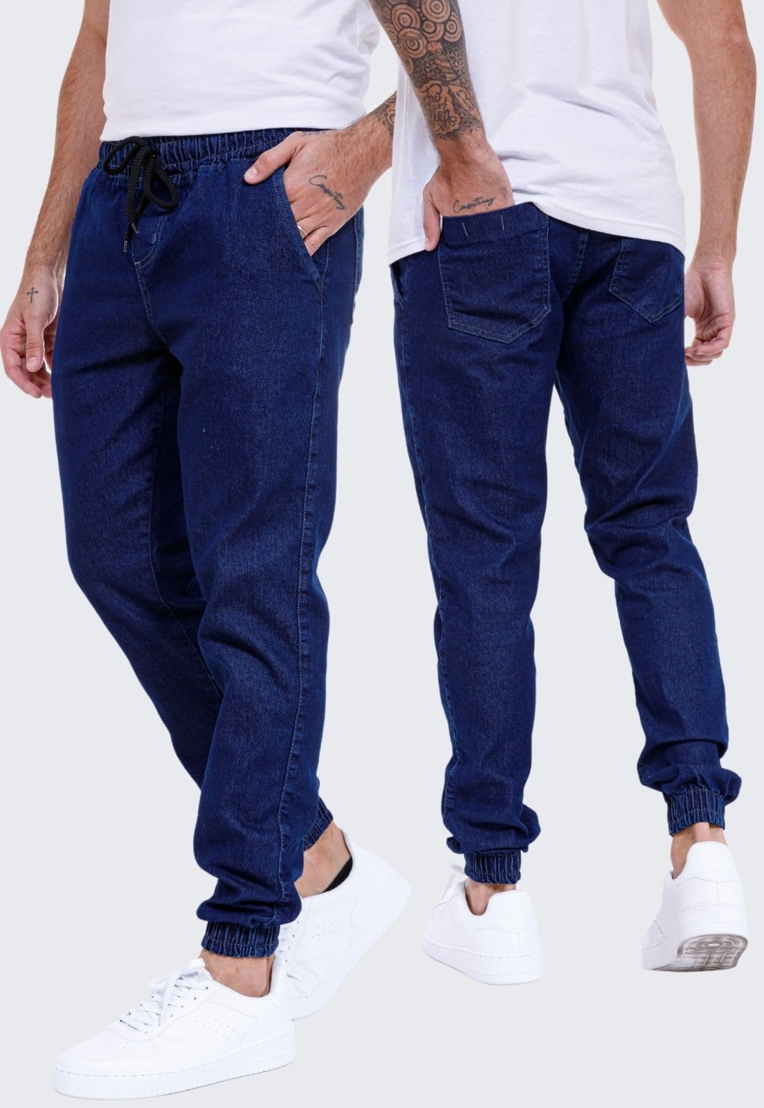 Vista 2 Kit 2 Calça Jogger Sarja Masculina Daze Modas Jeans Escuro e Daze Modas bege