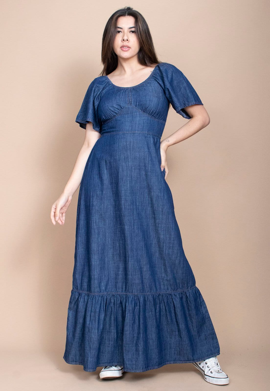 Vestido Cabanafree Jeans Longo com Manga Angel