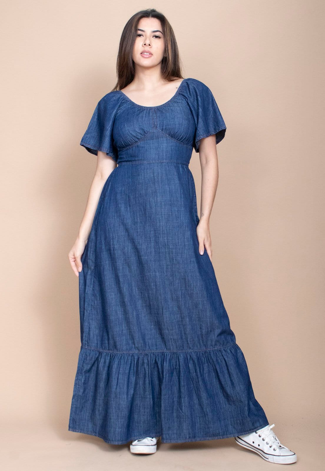 Vista 2 Vestido Cabanafree Jeans Longo com Manga Angel Cabanafree azul