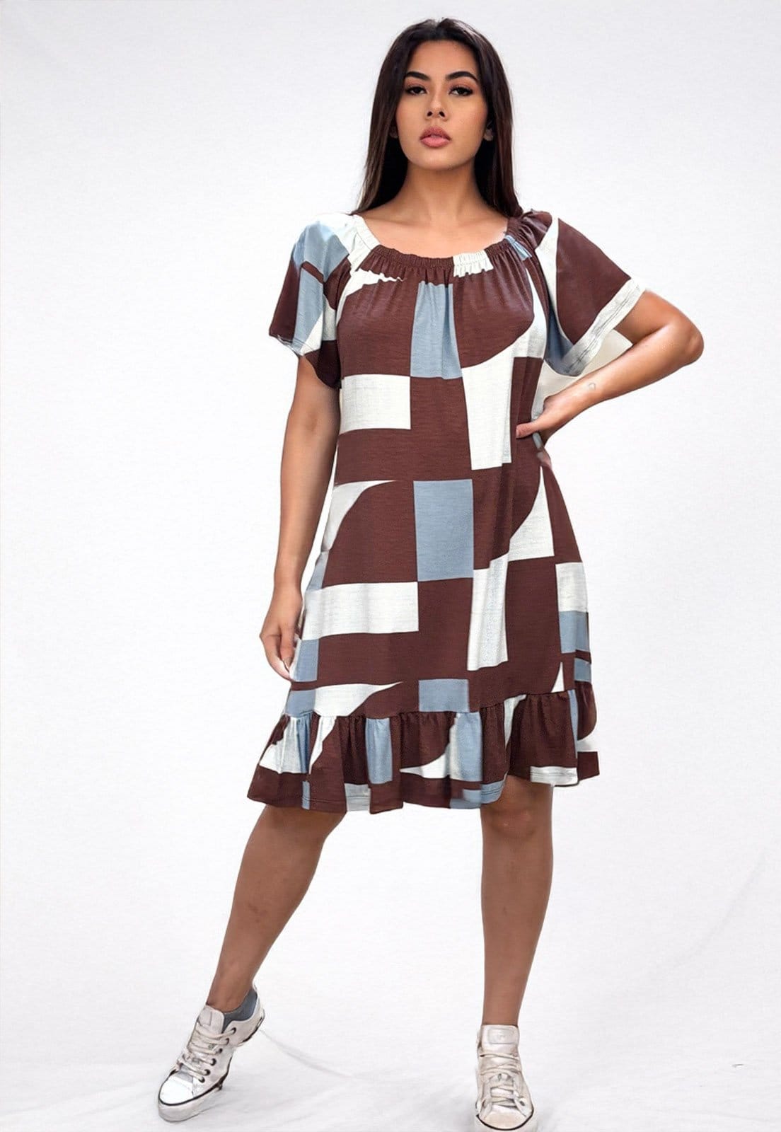 Vestido Curto Cabafree Malha Mullet Ombro a Ombro Amplo Estampa Santa Rosa do Tocantins