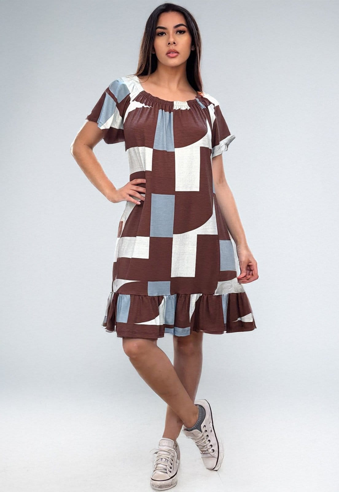 Vista 2 Vestido Curto Cabafree Malha Mullet Ombro a Ombro Amplo Estampa Santa Rosa do Tocantins Cabanafree estampado/marrom rosa