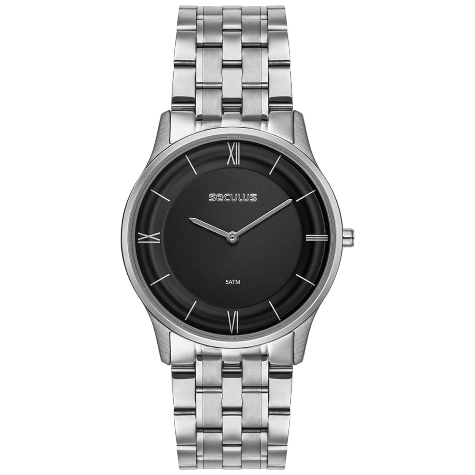 Relógio Masculino Seculus Aço Slim Mostrador Preto