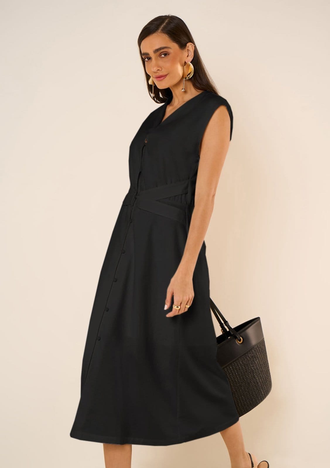 Vestido Maria Valentina Ajustado Decote V Sem Manga Midi