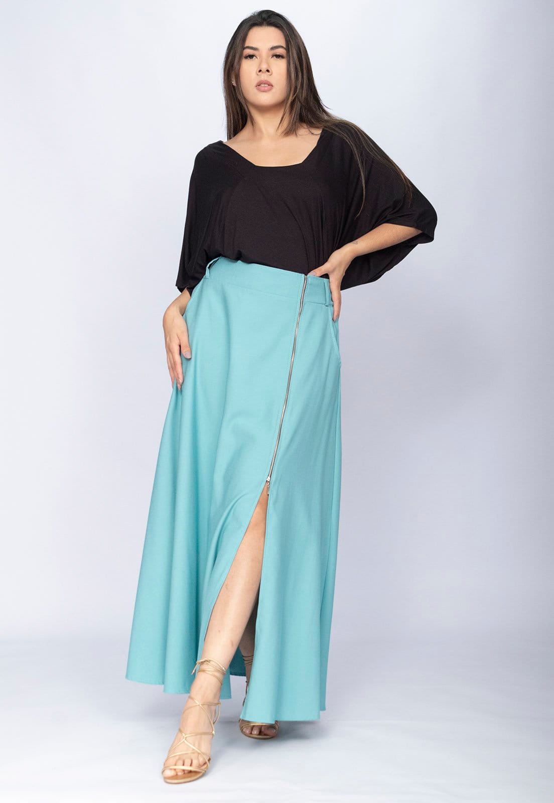 Vista 2 Saia Amazônia Vital Midi com Zíper Turquesa Suave Amazonia Vital azul turquesa