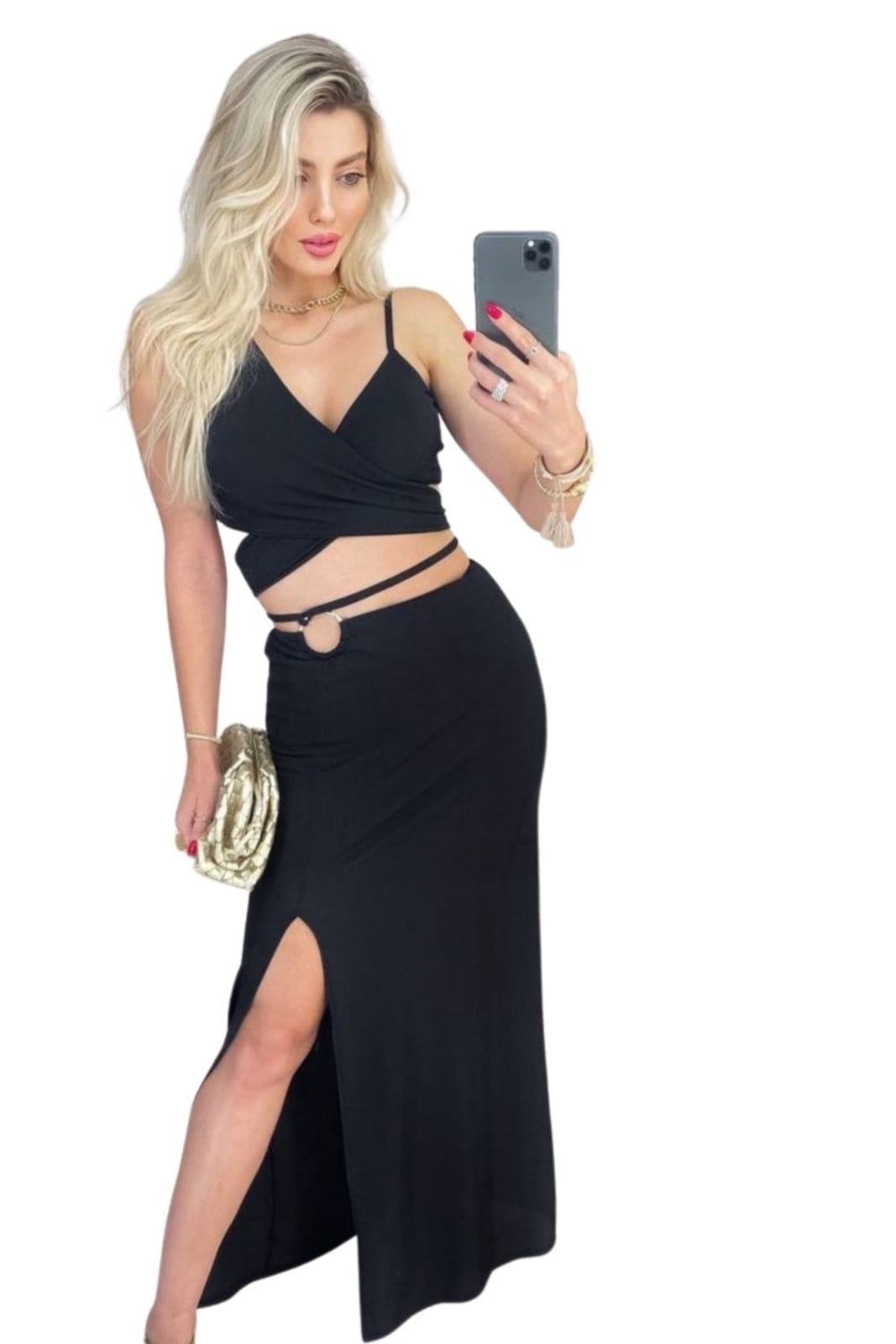 CONJUNTO SAIA E TOP ARGOLA EM RAYON RISCADO