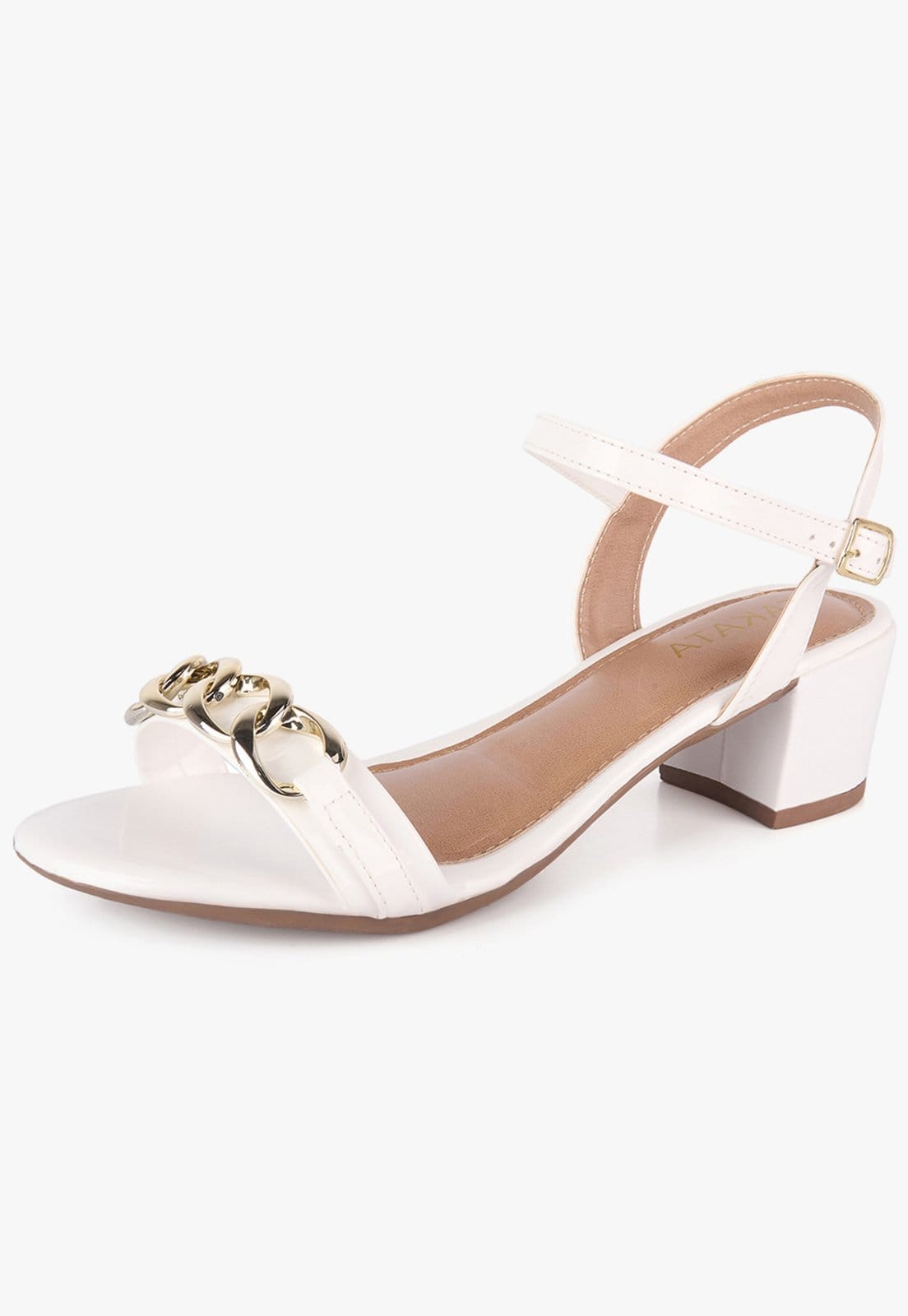 Vista principal Sandália Salto Bloco Baixo Grosso Corrente Metal Takata TAKATA BY RAFAEL TAKATA branco