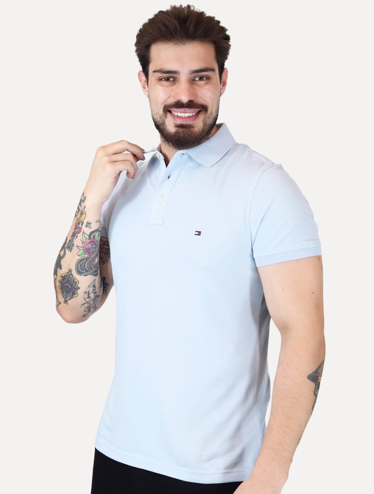 Vista 2 Polo Tommy Hilfiger Masculina Slim Piquet 1985 Céu Tommy Hilfiger azul