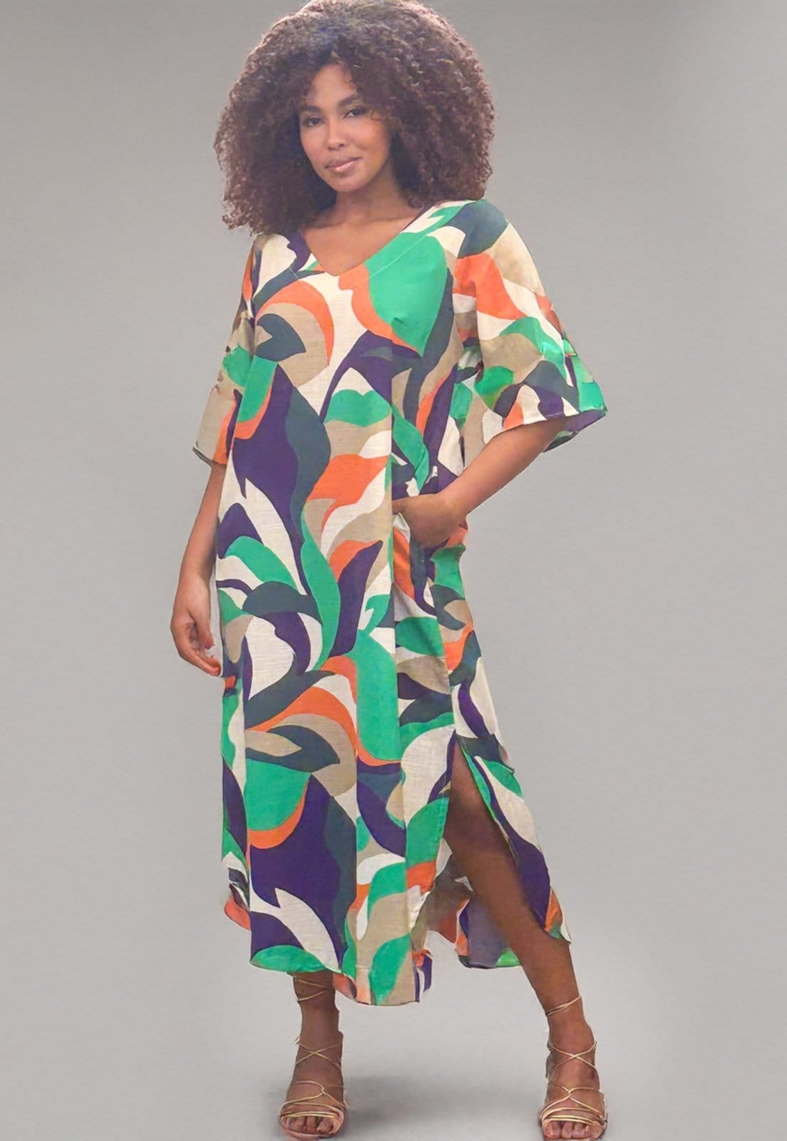 Vestido Cabanafree Midi Abapã Plano com Bolso Estampa Brisa do Mar