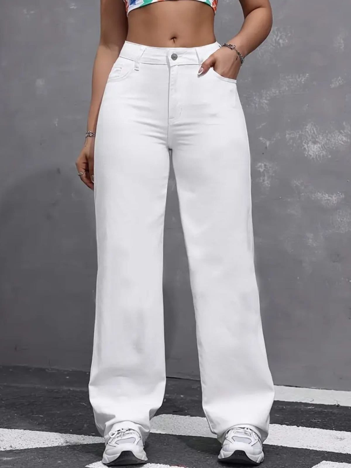 Vista principal Calça Jeans Wide Leg Feminina Safira Moda Pantalona Branca Safira Moda branco